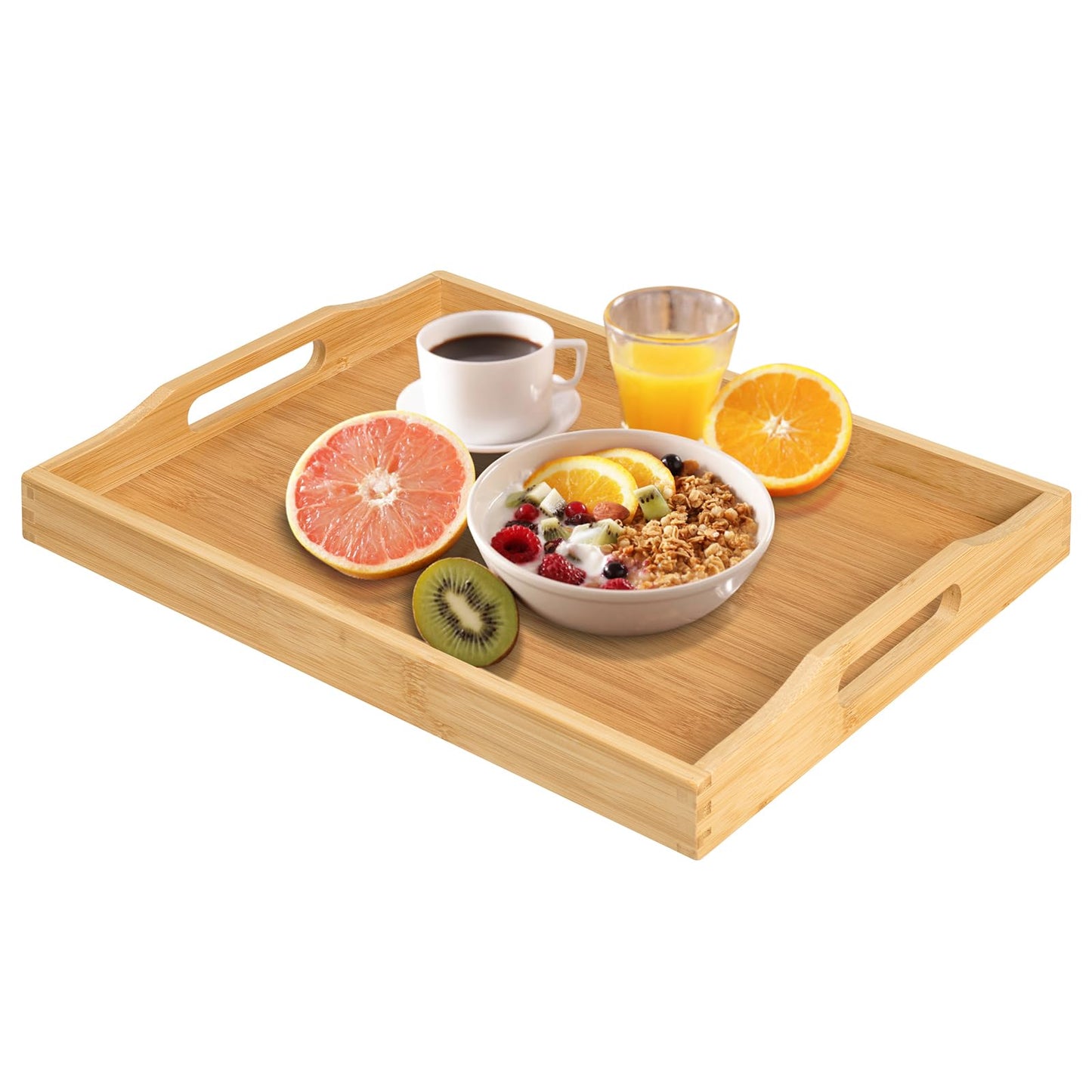 Bamboo Food Serving Tray with Handles, Breakfast Bed Tray for Tea,Snack,Dinner, Home Decorative Storage Food, Platter, Ottoman for Kitchen Counter, Bathroom, Restaurant (Beige)