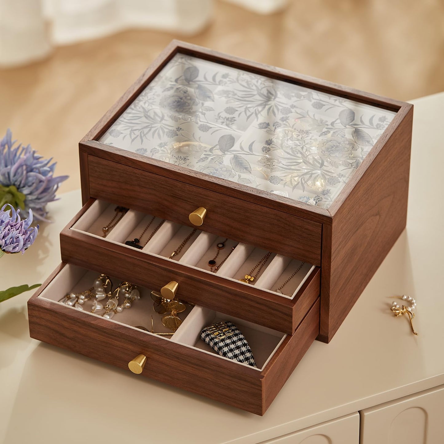 Homruilink Black Walnut Wooden Jewelry Box with Blue Floral Glass Lid for Women, large 3 Layer Drawer Organizer Box for Necklaces, Watch, Necklace, Ring, Earring Storage, Fathers Day Gift