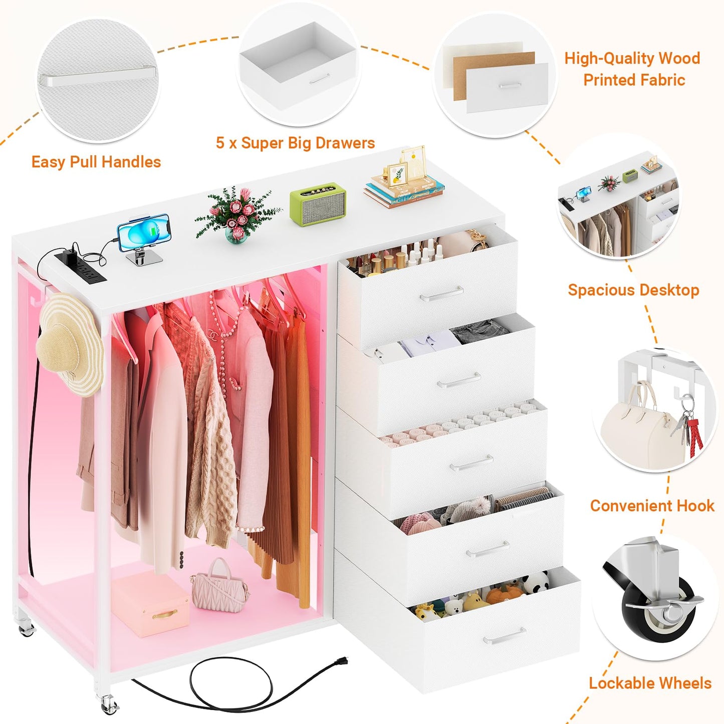 Cyclysio Dresser with Hanging Rack, 5 Fabric Drawers Dresser with Clothes Rack, Wooden Top Storage Chest of Drawers with Charging Station & LED Lights, Lockable Wheels, Closet