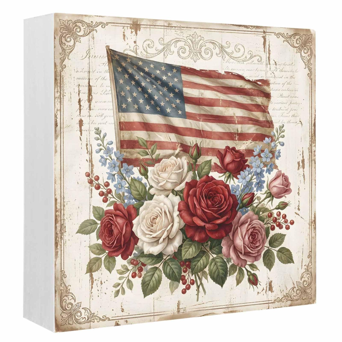 Independence Day Wood Box Sign Desk Decor, Retro American Red White Pink Rose Blue Flowers Decorative Wooden Block Box Sign Decorations for Home Office Shelf Table Decor 6x6 Inches