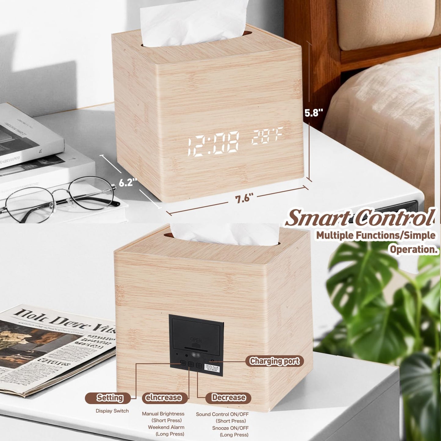 ANHUXINLEI Wooden Tissue Box Cover - Digital Square Holder with Dimmable Alarm Clock, Temperature and Date Display - Cordless Home Decor for Office Desk, Nightstand and Bedroom Organization