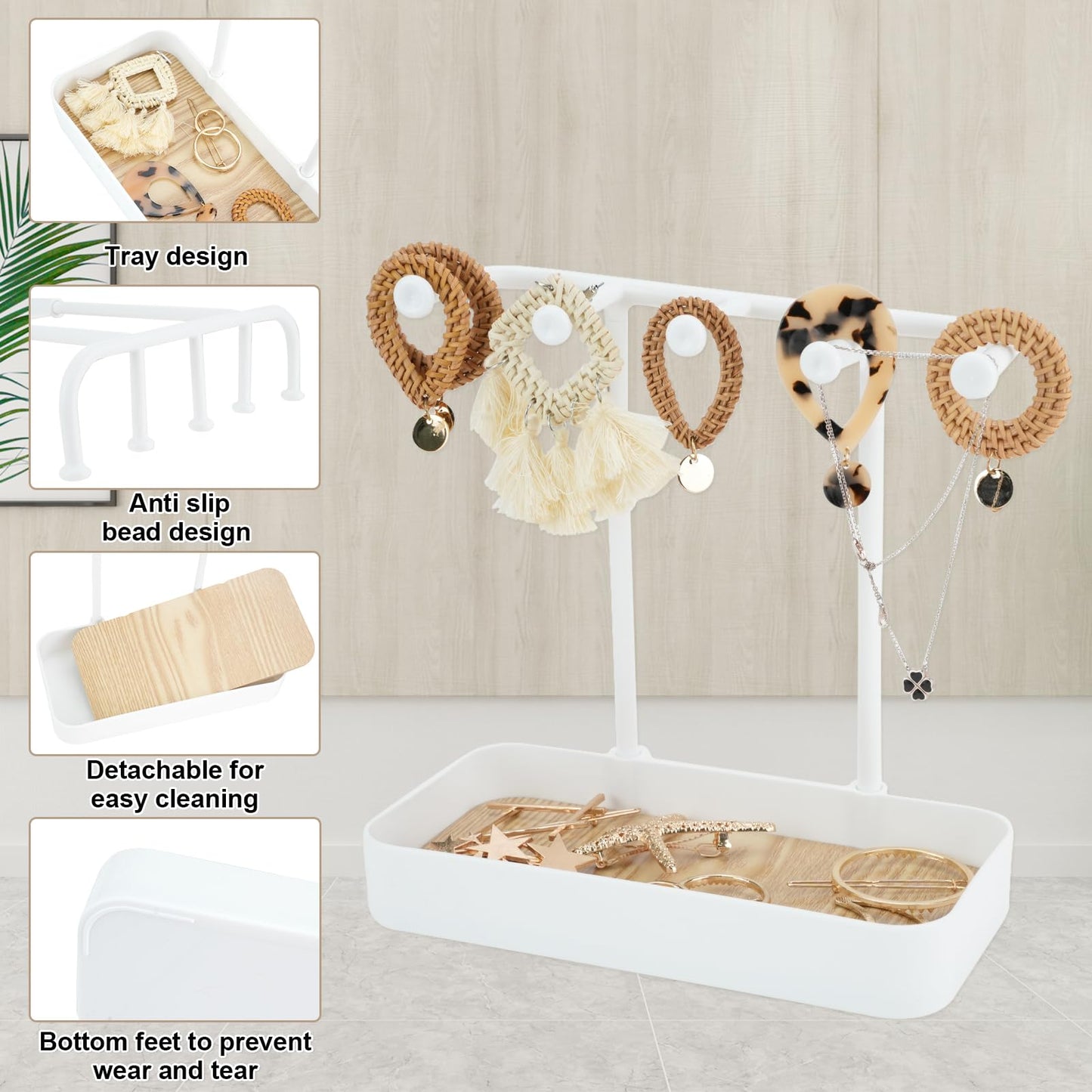 WCHOSOZH Jewelry Organizer Stand, Necklace Holder with Wooden Tray 5 Storage Hooks, Earring Holder with 5 Pcs Jewelry Bags for Bracelet,Chains,Rings,Earrings,Keys Watches,Necklaces (White)