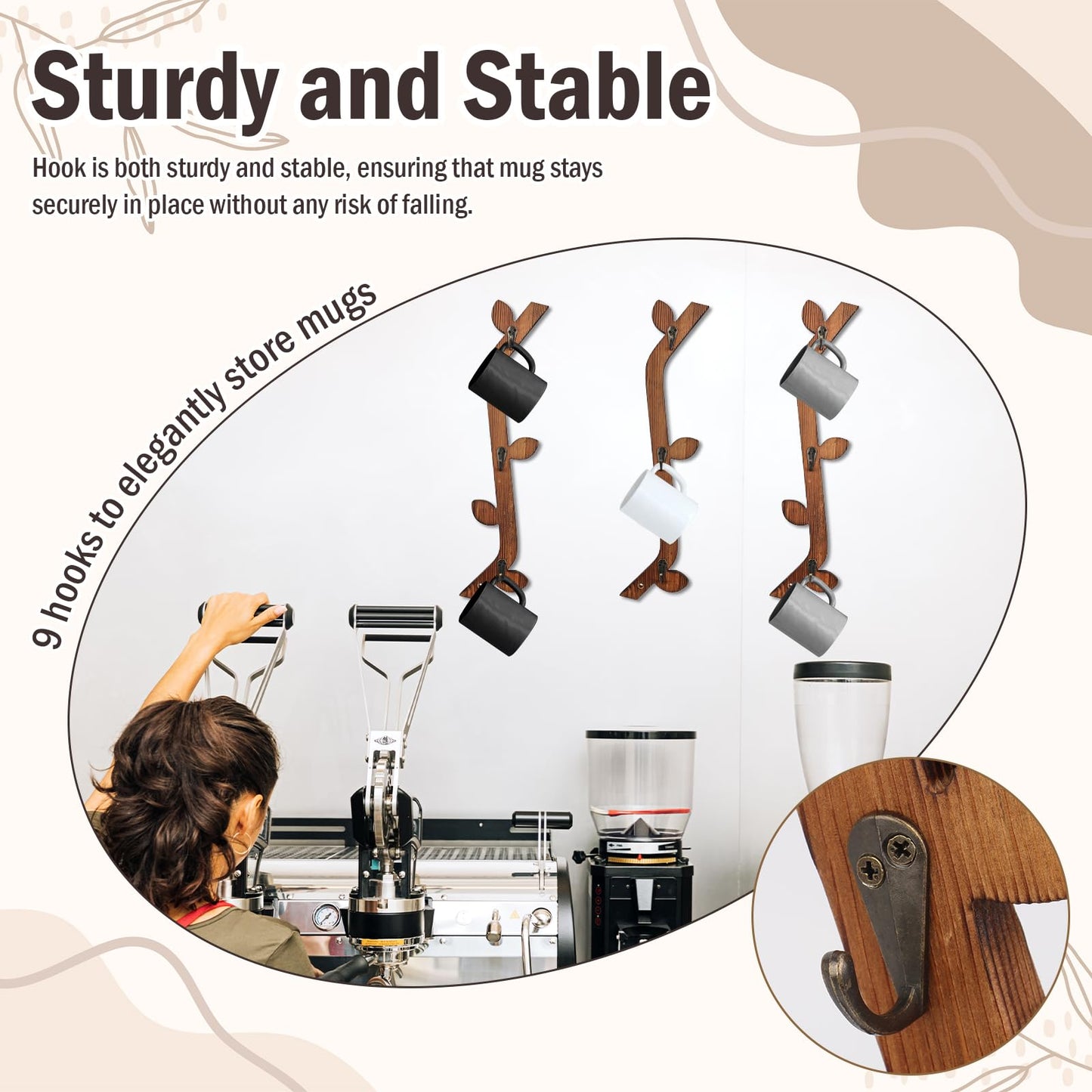 MSHUNKEJI 3 Pack Wood Coffee Mug Wall Rack with 9 Hooks Wall Mount Coffee Cup Holder Wooden Espresso Cup Holder Tree Brown Mug Stand Display Wall Mounted Cup Drying Rack for Kitchen Cafe