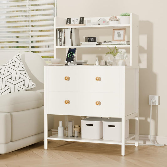 PATAVOT 24 Inch White Nightstand with 2 Drawers & Charging Station
