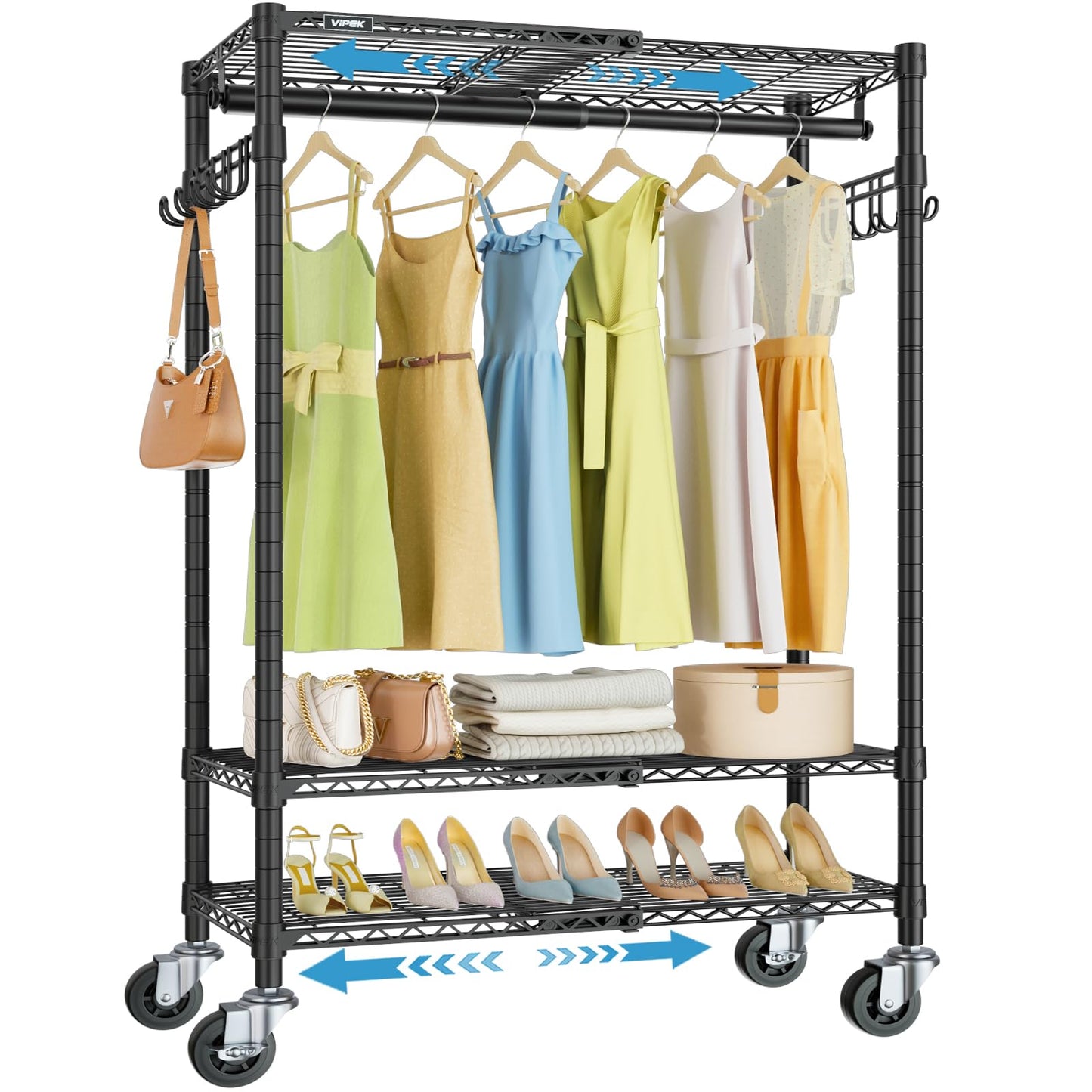 VIPEK R3X Expandable Clothes Rack with Lockable Wheels, 600 lbs Capacity Heavy Duty Rolling Garment Rack with Adjustable Width (2' to 3'5") Shelves, Space-Saving Storage Closet for Small Space (Black)