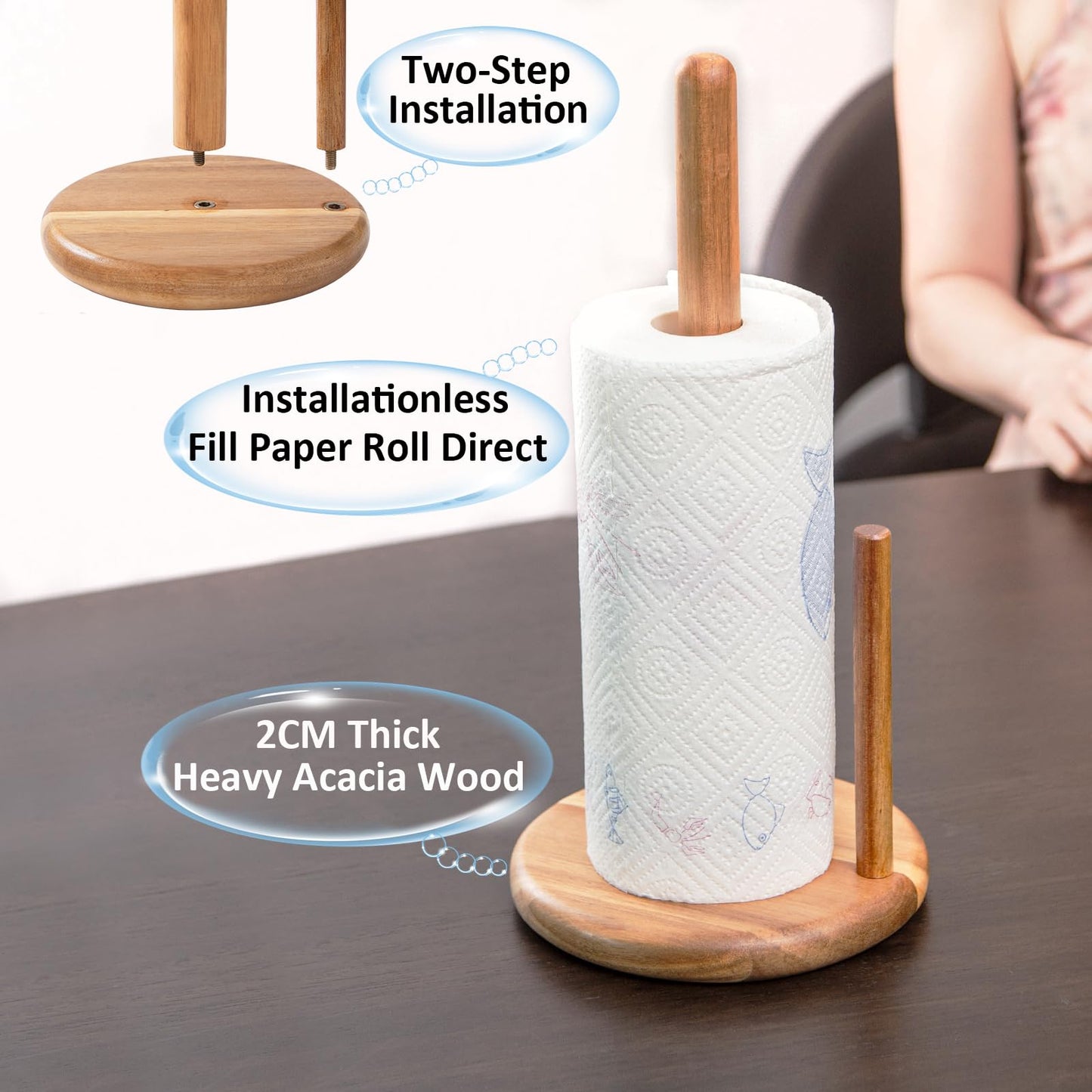 Paper Towel Holder Wood 14" Acacia Wooden Paper Towel Holder Countertop Kitchen Paper Towel Roll 6.7" Large Rustic Farmhouse Paper Towel Holders Heavy Base Stand Organizer Free Standing