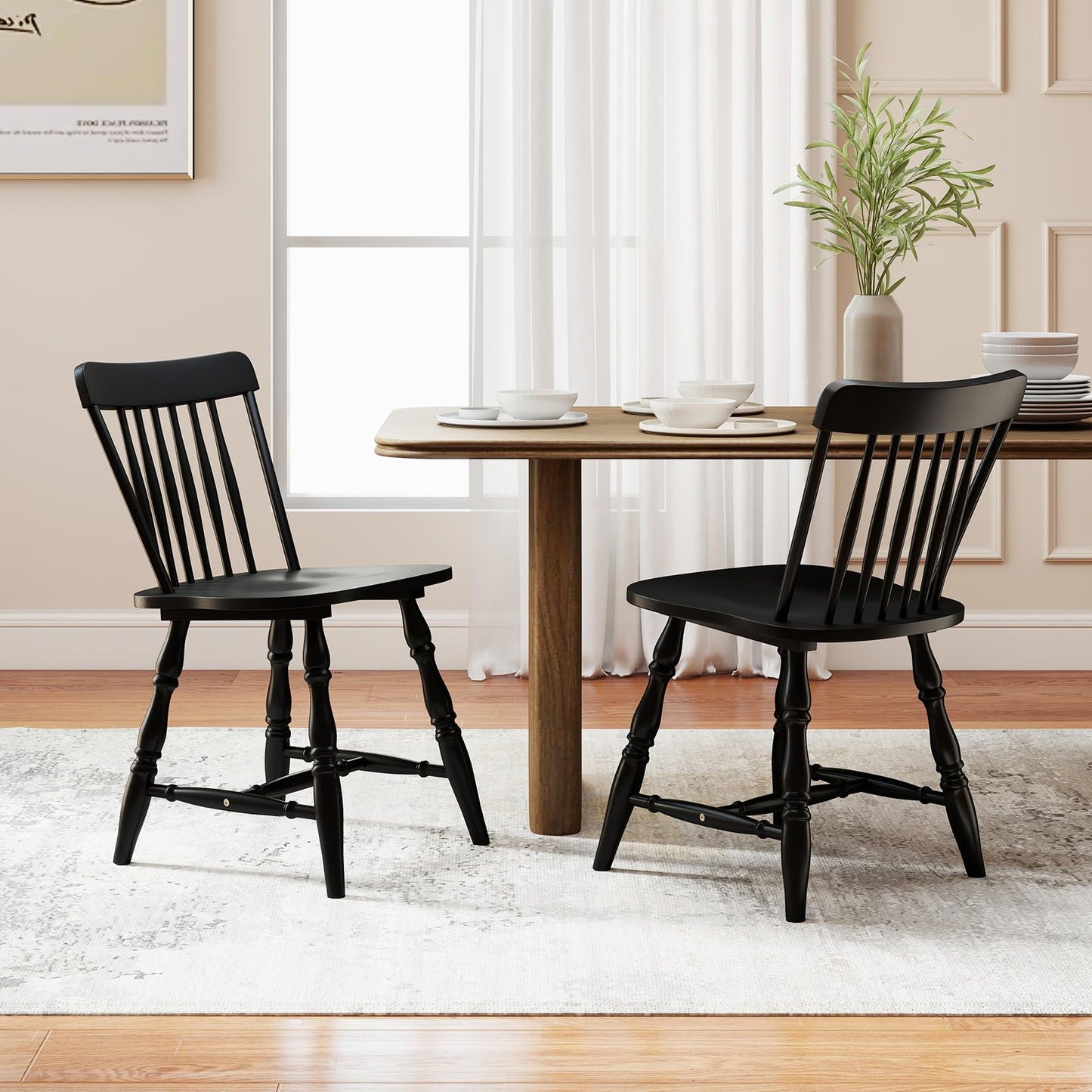 Giantex Black Windsor Dining Chairs Set of 2, Farmhouse Rubber Wood Kitchen Chairs with Turned Legs, Curved Spindle Back & Contoured Sat, Wooden Dining Room Chair for Living Room Restaurant
