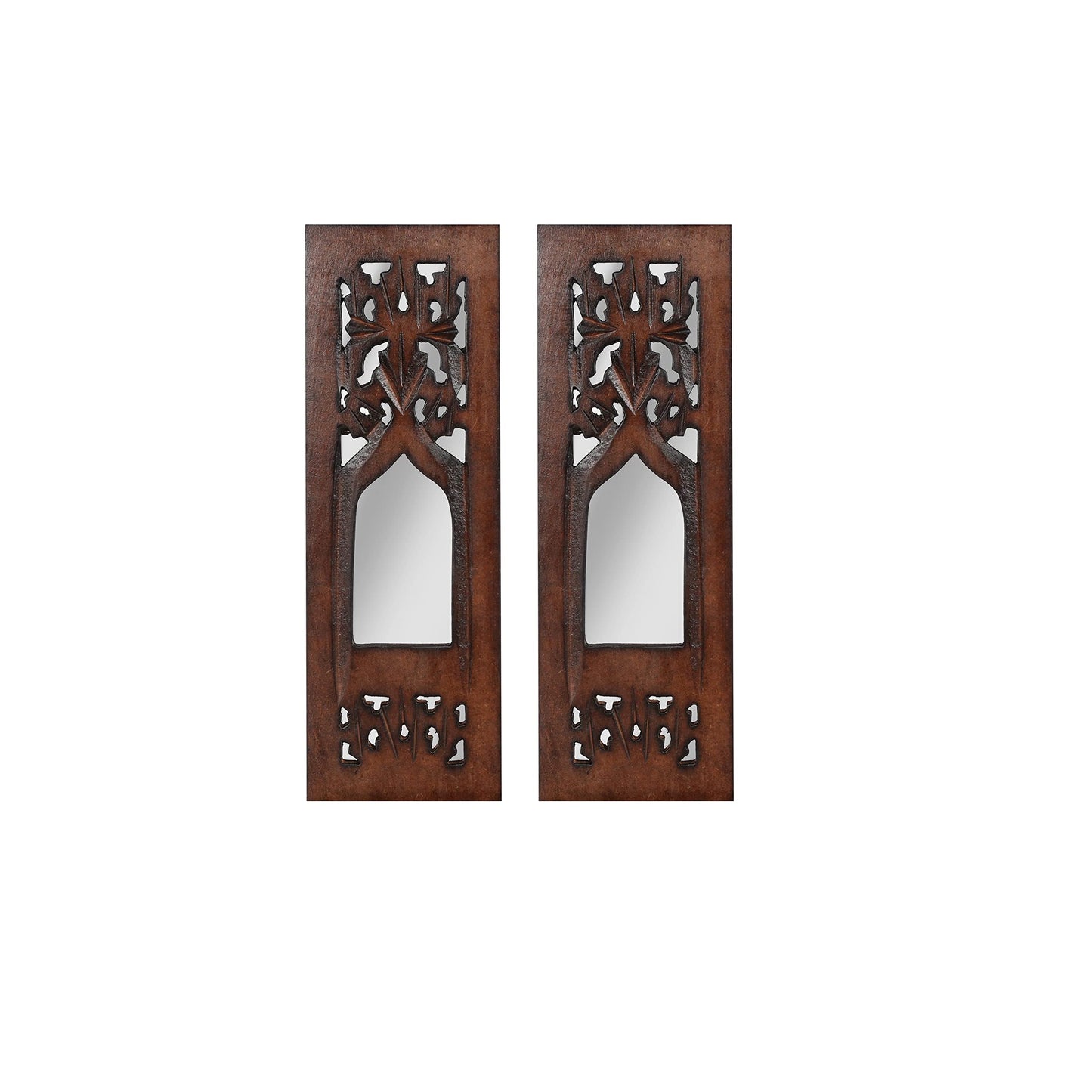 The Wooden Town Wall Hanging Plaques Wall Décor Jharokha With Mirror, Elegant Sculpture Wall Décor Panel to Enhance the Décor of Your Room or Office - 12x4 Inch - Burnt Set of 2