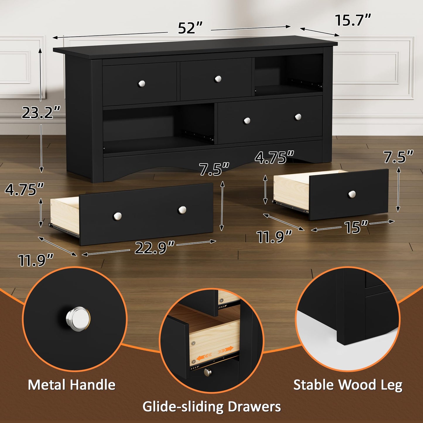 Flamaker Dresser for Bedroom, 5 Drawer Dresser, Wood Dressers, Wide Chest of Drawer, Storage Drawers, Storage Organizer for Closet, Hallway (Black)