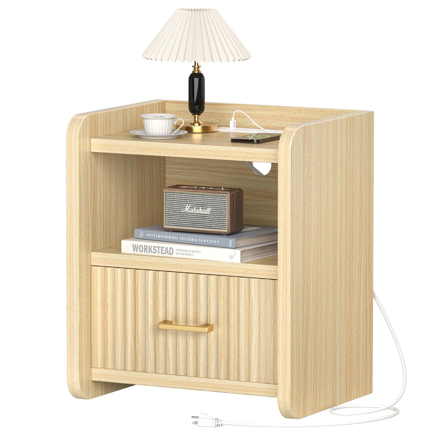 Curlaky Night Stand with Charger Station - Modern Wood Nightstand with Drawer Storage, Fluted Wide Nightstands Bedside Table, Mid Century Night Stands for Bedroom Home Office Sofa, Natural