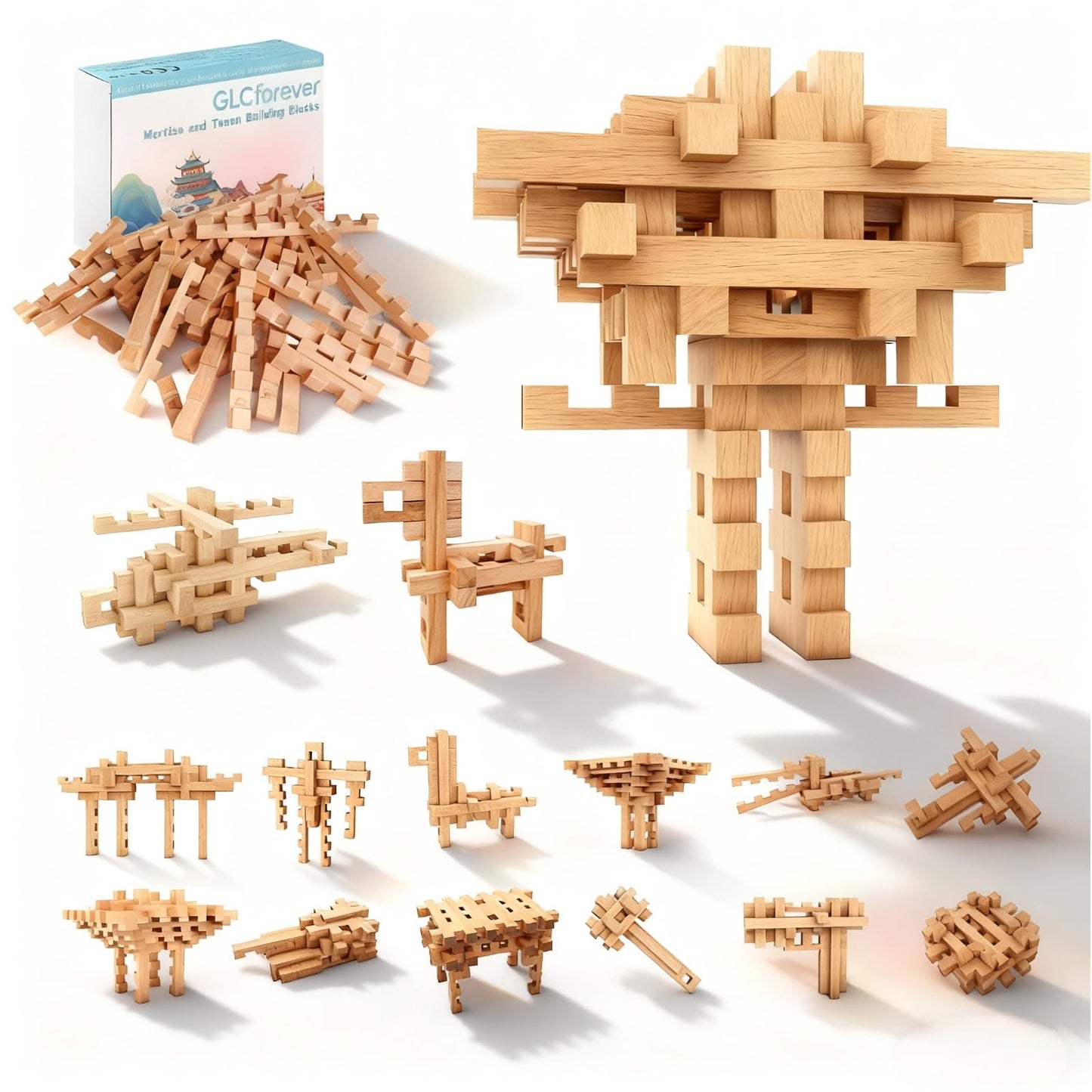 GLCforever 15 in 1 STEM Wooden Building Blocks -15+ Shapes, 3D Puzzle, Logic Brain Games, Educational Toys Gift for Kids and Classroom, Montessori STEM Toys for Ages 5+ to Adults