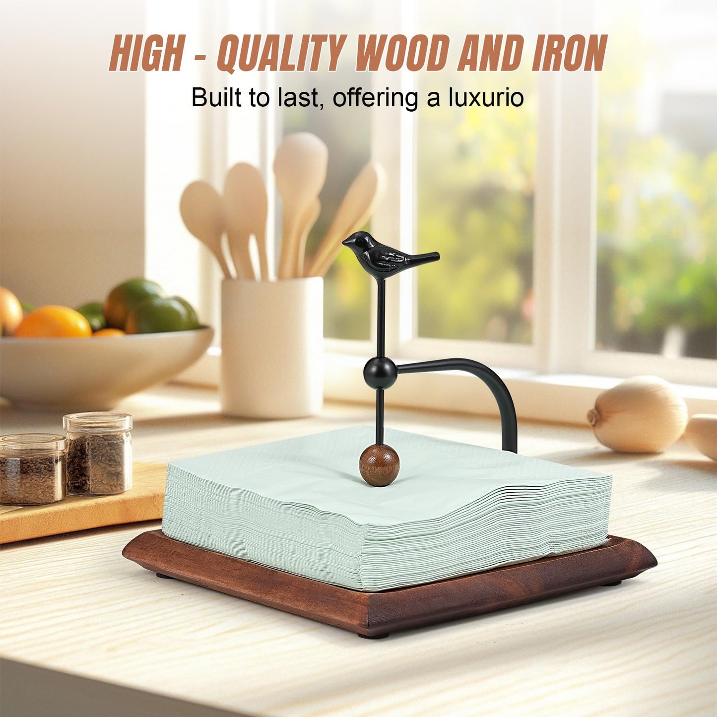 Tocemei Napkin Holder for Table with Unique Bird - shaped Design, Cocktail Napkin Holder. Wooden Base & Iron Build Ensure Stability and Durability. A Tasteful Decor for Kitchen, Living Room and Garden