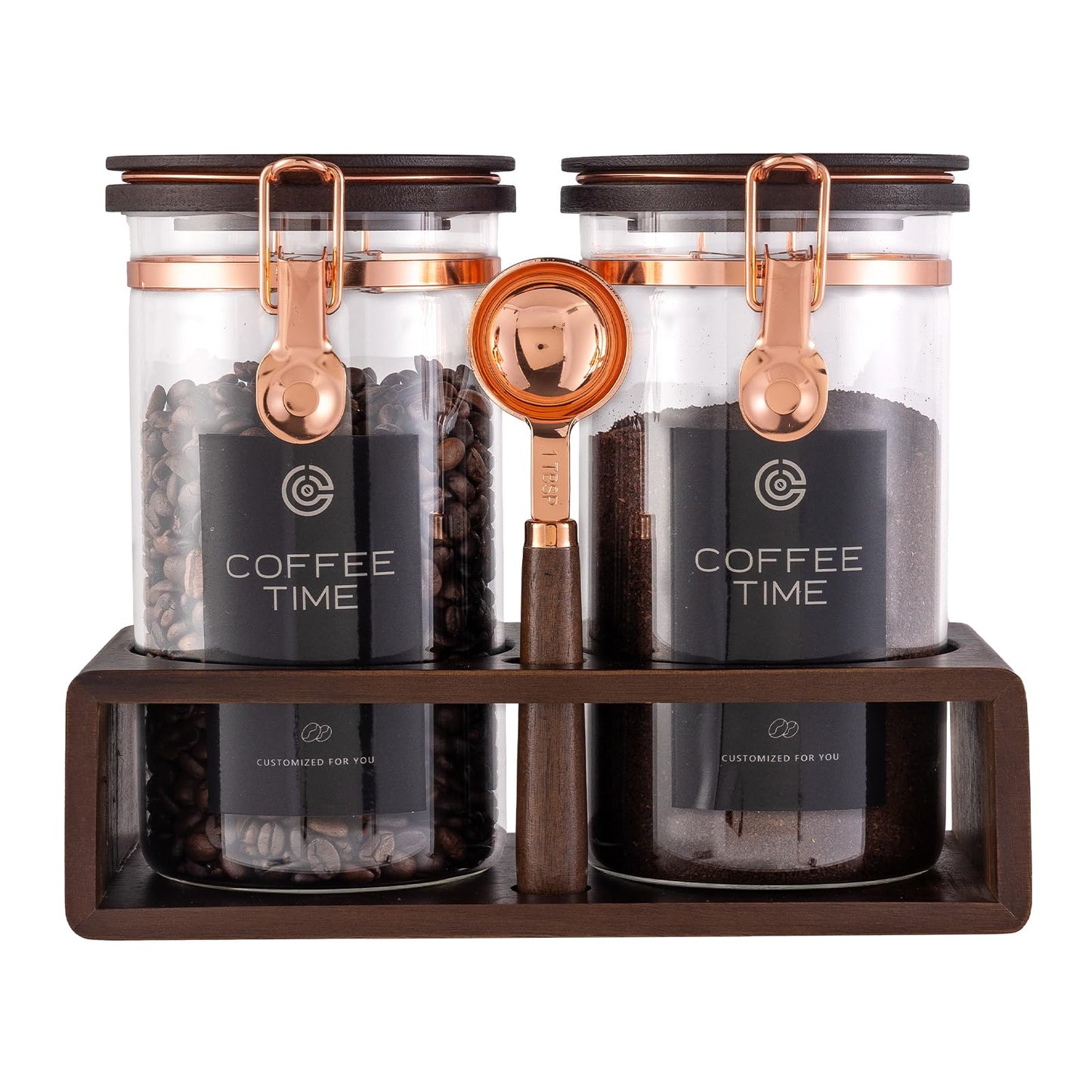 Flmeyaza Glass Coffee & Sugar Canister Set, 2×45OZ Airtight Glass Storage Jars with Wooden Shelf and Scoop, Airtight Food Containers for Coffee Beans, Ground Coffee, Sugar and Tea（Rose Gold）