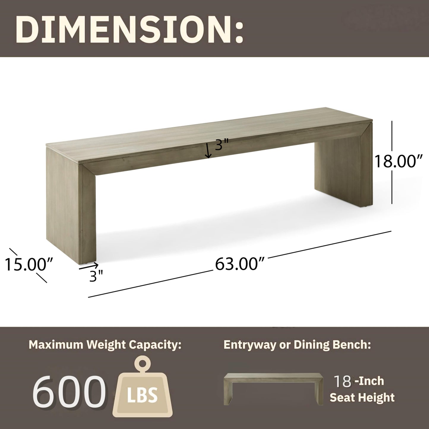 Merax 63 Inch Wood Dining Bench, Solid Acacia Wood Entryway Bench, Wooden Farmhouse Bench for Dinner Table, Kitchen, Bedroom, Living Room, Plants, Easy Assembly, Grey+Taupe