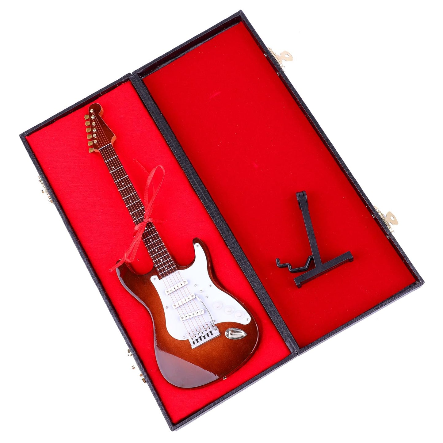 Dselvgvu Wooden Miniature Electric Guitar with Stand and Case Mini Musical Instrument Electric Guitar Replica Collectible Figurines Model Home Decoration Display Ornament (Brown, 9.45"x3.03"x0.63")