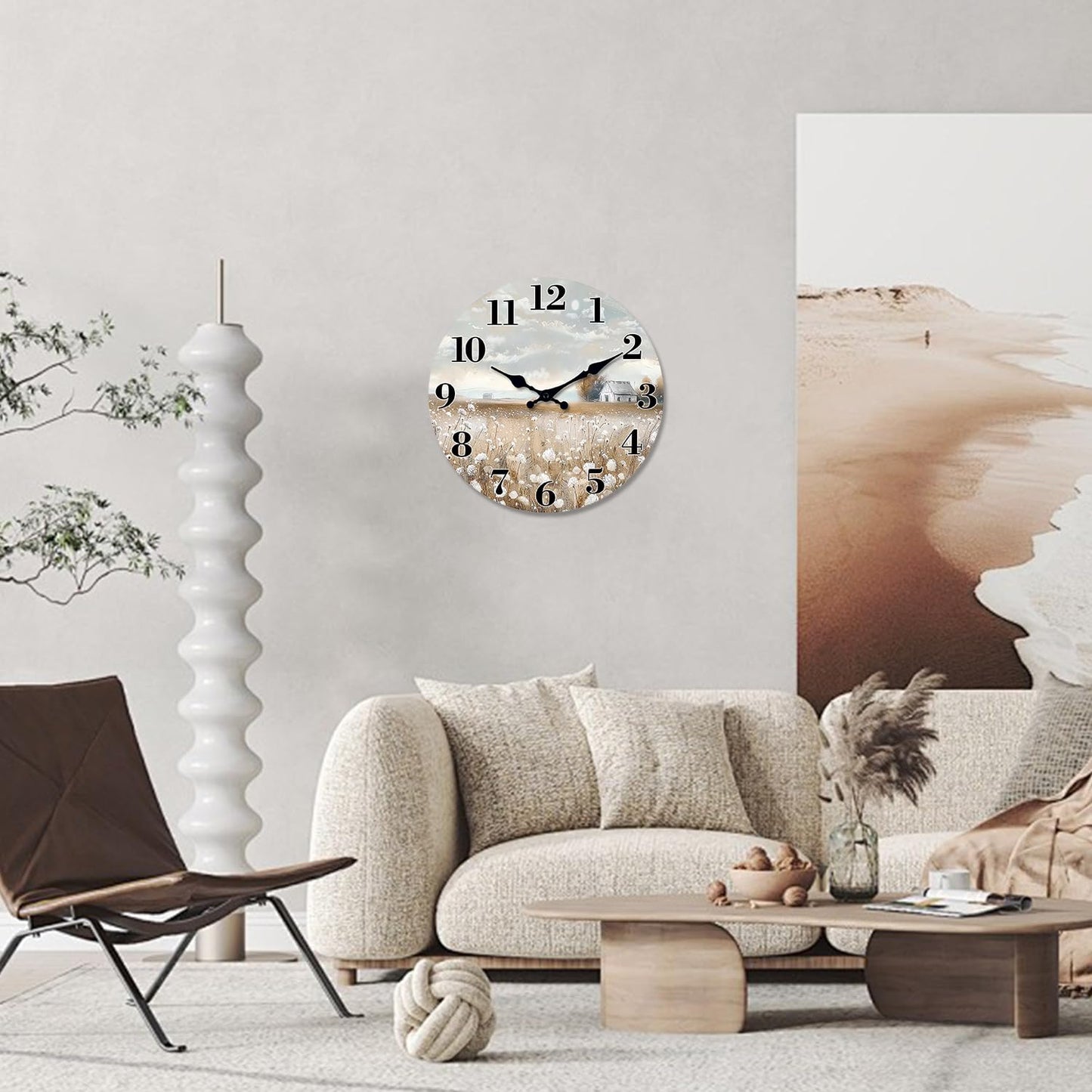 XFM Farmhouse Wall Clock for Living Room Decor 16 Inch Battery Operated Silent Non-Ticking Wooden Wall Clocks Rustic Country Flower Field Decorative Clock
