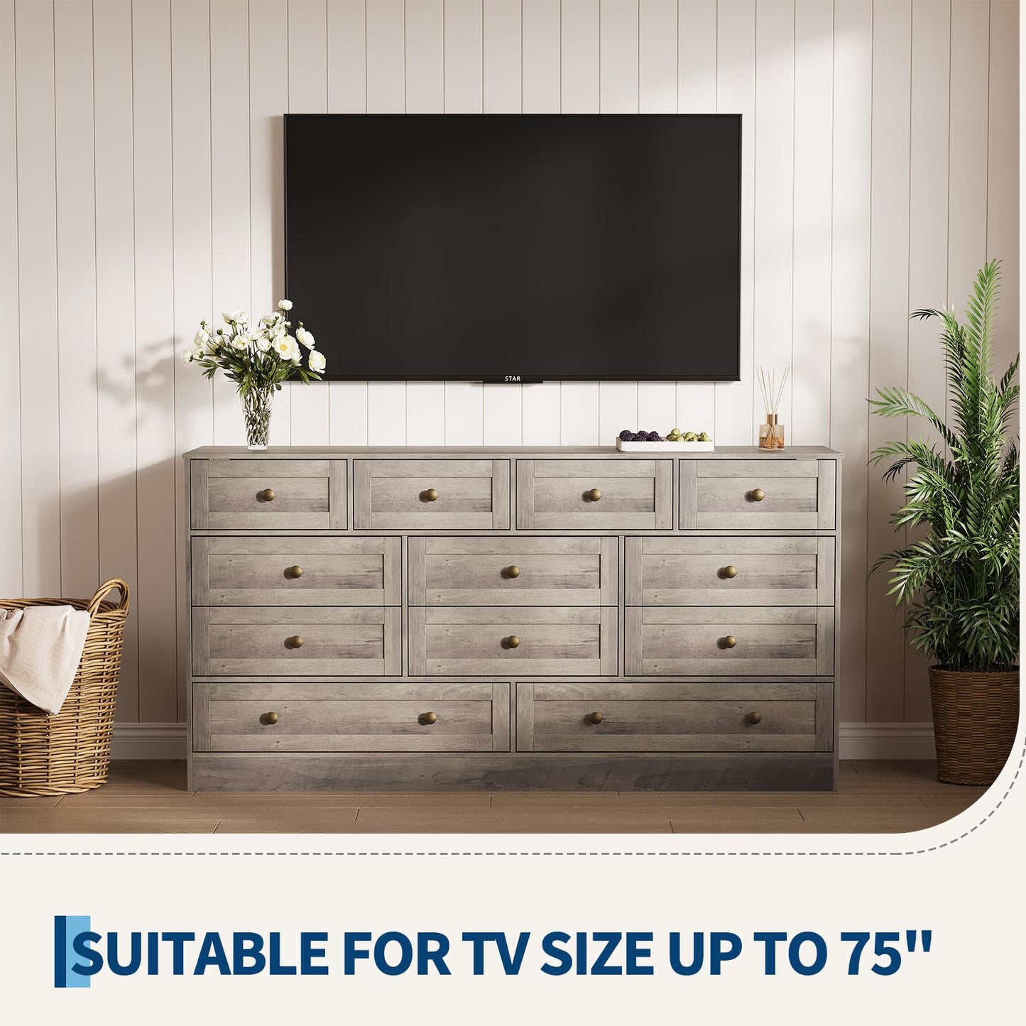 GarveeHome 12 Drawer Wooden Dressers for Bedroom, Wood TV Stand Dresser for 65 Inch TV, Modern Wood Chest of Drawers Clothes Storage Organizer for Living Room, Closet, Hallway, 61" L × 15.75" W