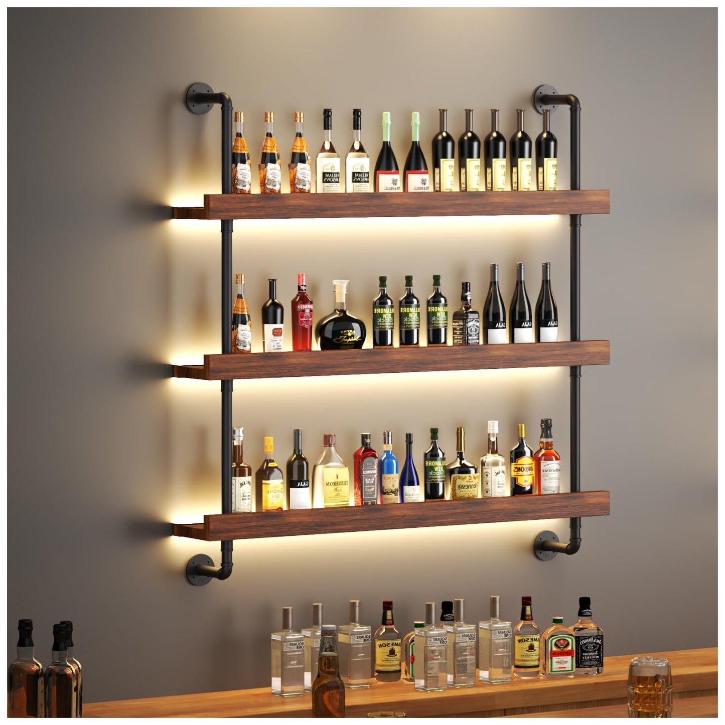 Dresgor Large Wine Rack Wall Mounted with LED Light, Solid Wood Bar Shelves Wall Mounted, 3-Tiers Liquor Bottles Floating Shelves Display Storage Organizer for Home Bar, Dining Room (47.2 inch)