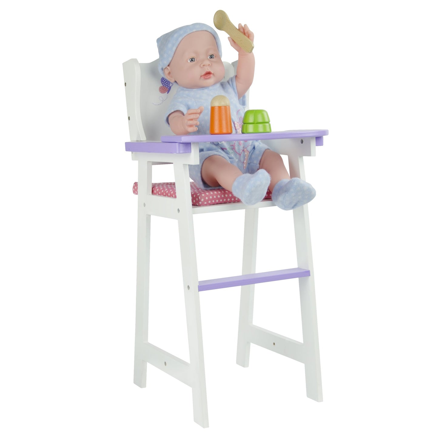 Olivia's Little World Little Princess Baby Dolls High Chair with Fixed Tray and Pink Polka Dot Cushion, White/Purple