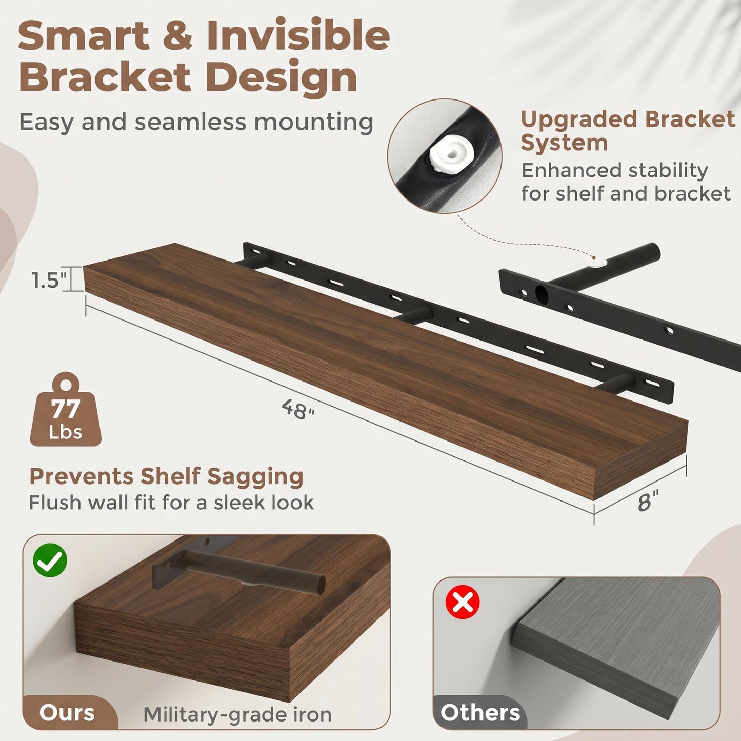 FLYJOE Floating Shelves for Wall, 48 Inch Floating Shelves Set of 2, 8" D Wooden Wall Mounted Display Shelves with Invisible Brackets for Living Room, Bedroom, Bathroom, Kitchen Decor, Walnut