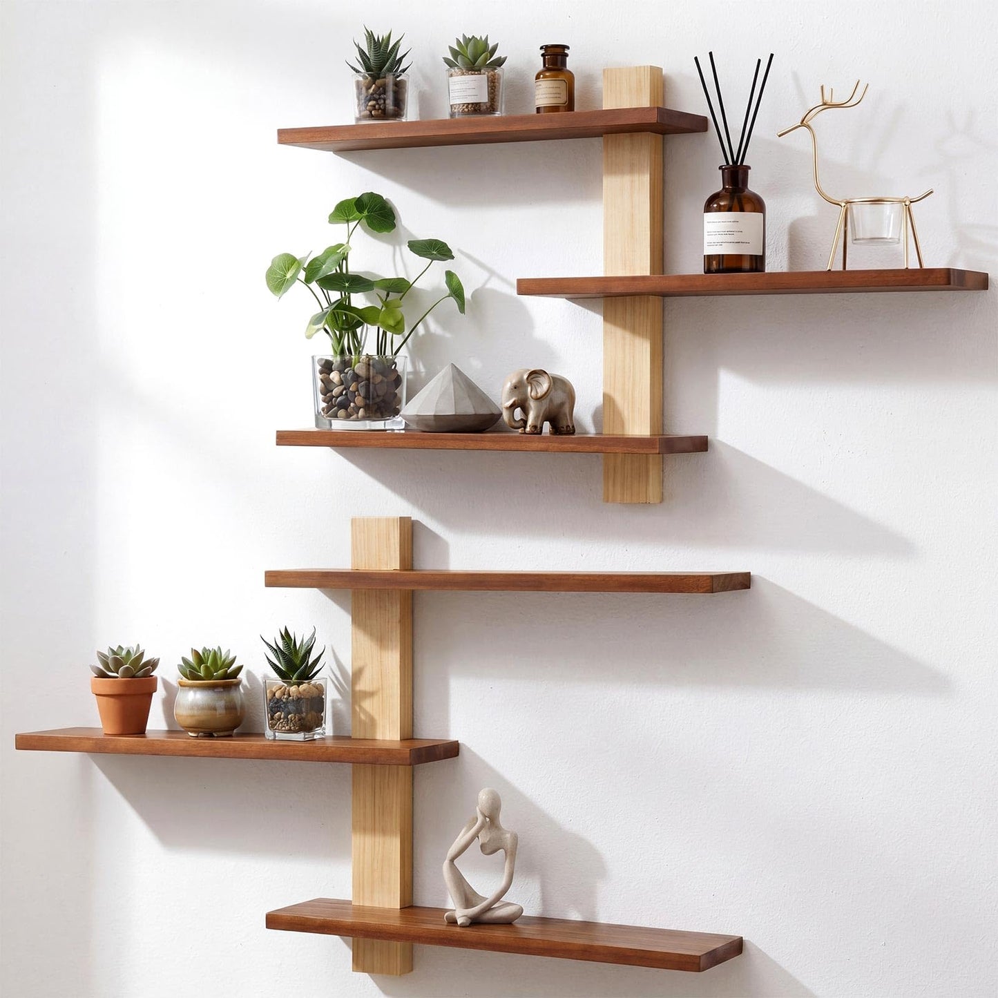 Pinkunn 2 Pack Wood 3 Tier Floating Shelf Large Minimalist Wall Shelves Mid Century Modern Furniture Wall Mount Shelf Art Decor Rustic Shelving for Bedroom Living Room Office Home(Natural Wood)
