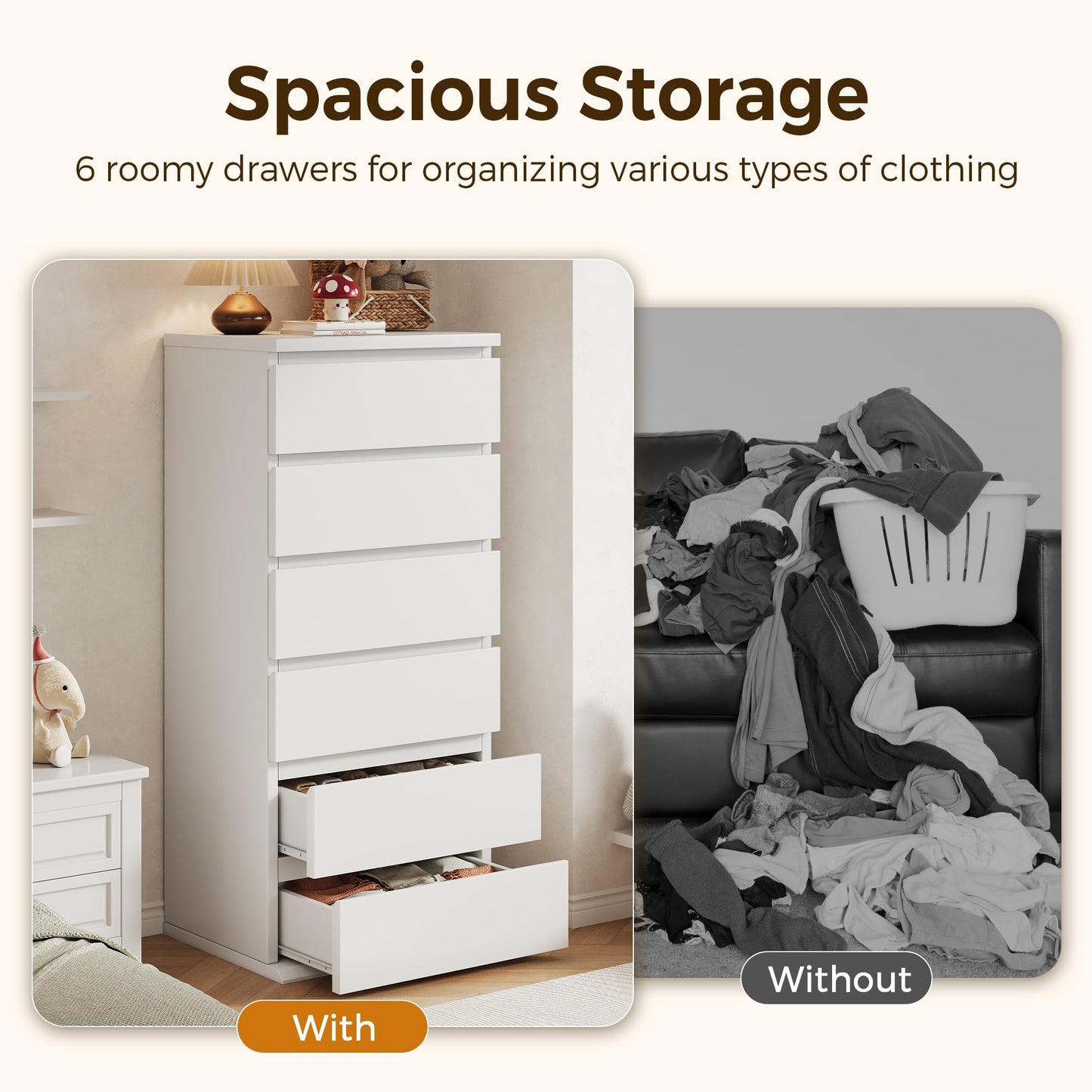 White Dresser, 6 Drawer Dresser for Bedroom, Wooden Chest of Drawers with Handleless Drawers, 19.7" W x 15.7" D x 47.2" H Vertical Tall Dresser, Storage Dressers for Living Room, Hallway and Office