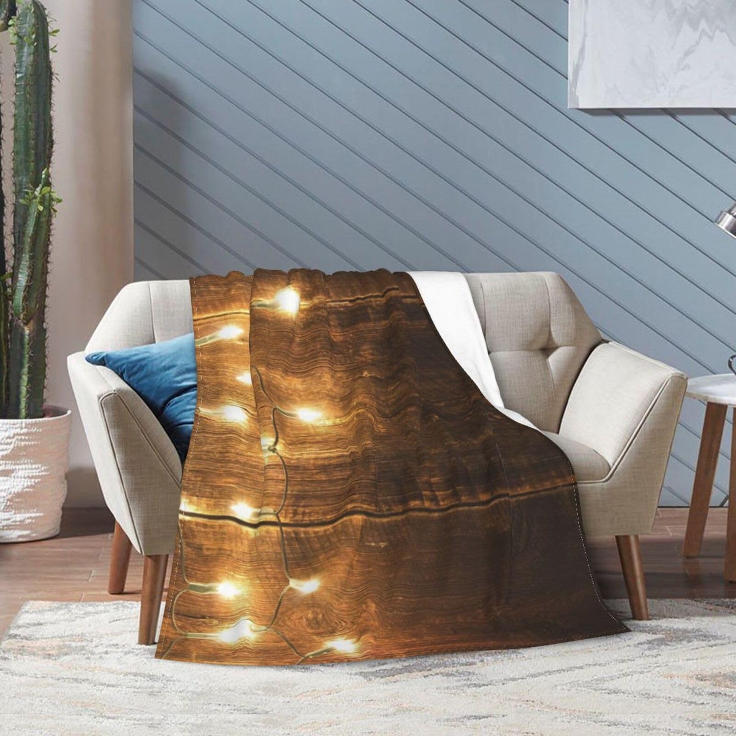 50"X40" String Lights On Wooden Soft Flannel Blanket - Lightweight and Quick Drying, Used for Home, Travel, Camping