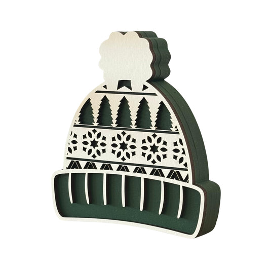 Winter Hat Shelf Sitter, Chunky Wooden Cozy Winter Decor for Tiered Tray Styling, Rustic Farmhouse Holiday Mantel Accent (Forest Green)