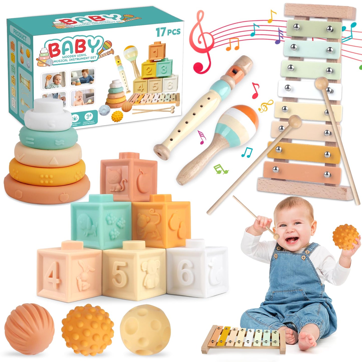 Wuzhineisn Baby Toys Montessori Toys 6 in 1 Musical Instruments for Toddler, Stacking Blocks Development Learning Educational Toy with Wooden Xylophone Infant Baby Birthday Gift