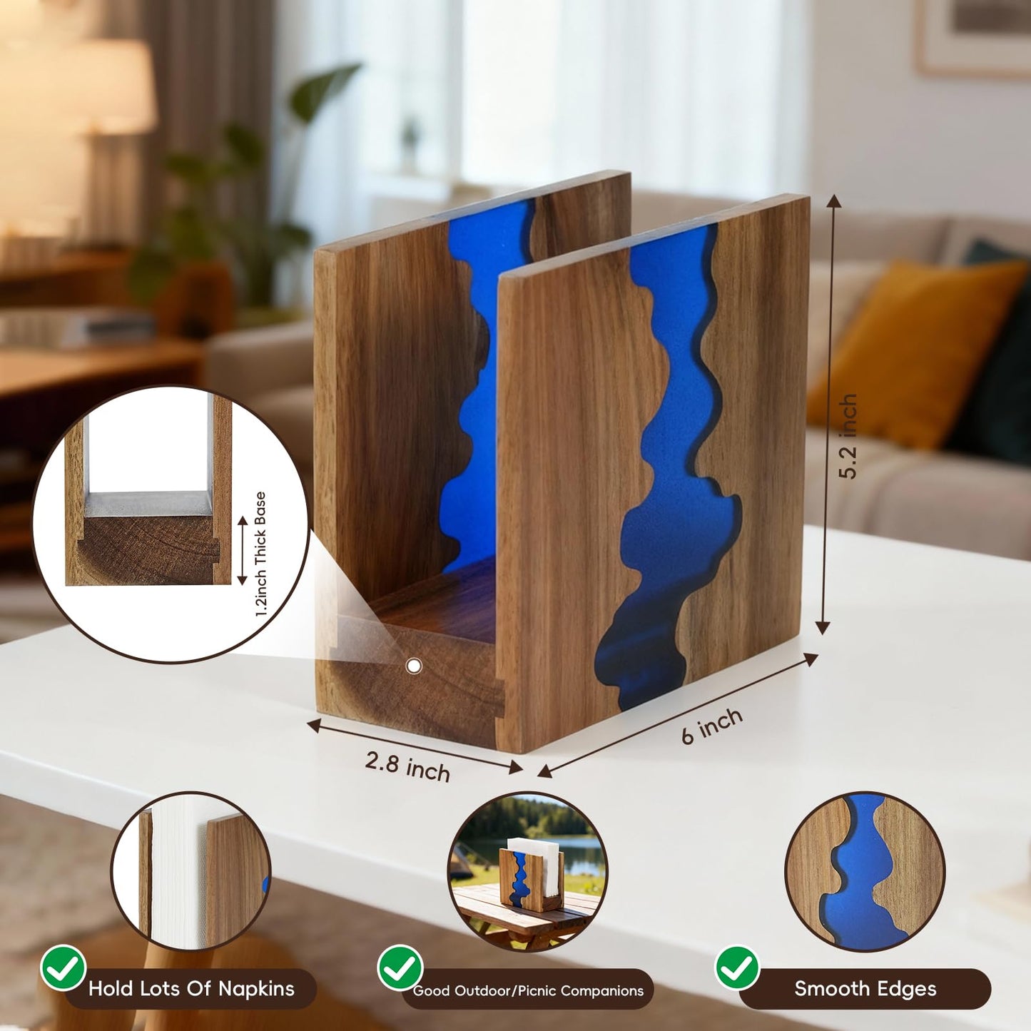 Artistic Napkin Holder, Acacia wood & Epoxy resin Napkin holder for table, Thickened Non-Slip Base for Kitchen Countertop, restaurant or outdoors,Modern Tabletop Decor