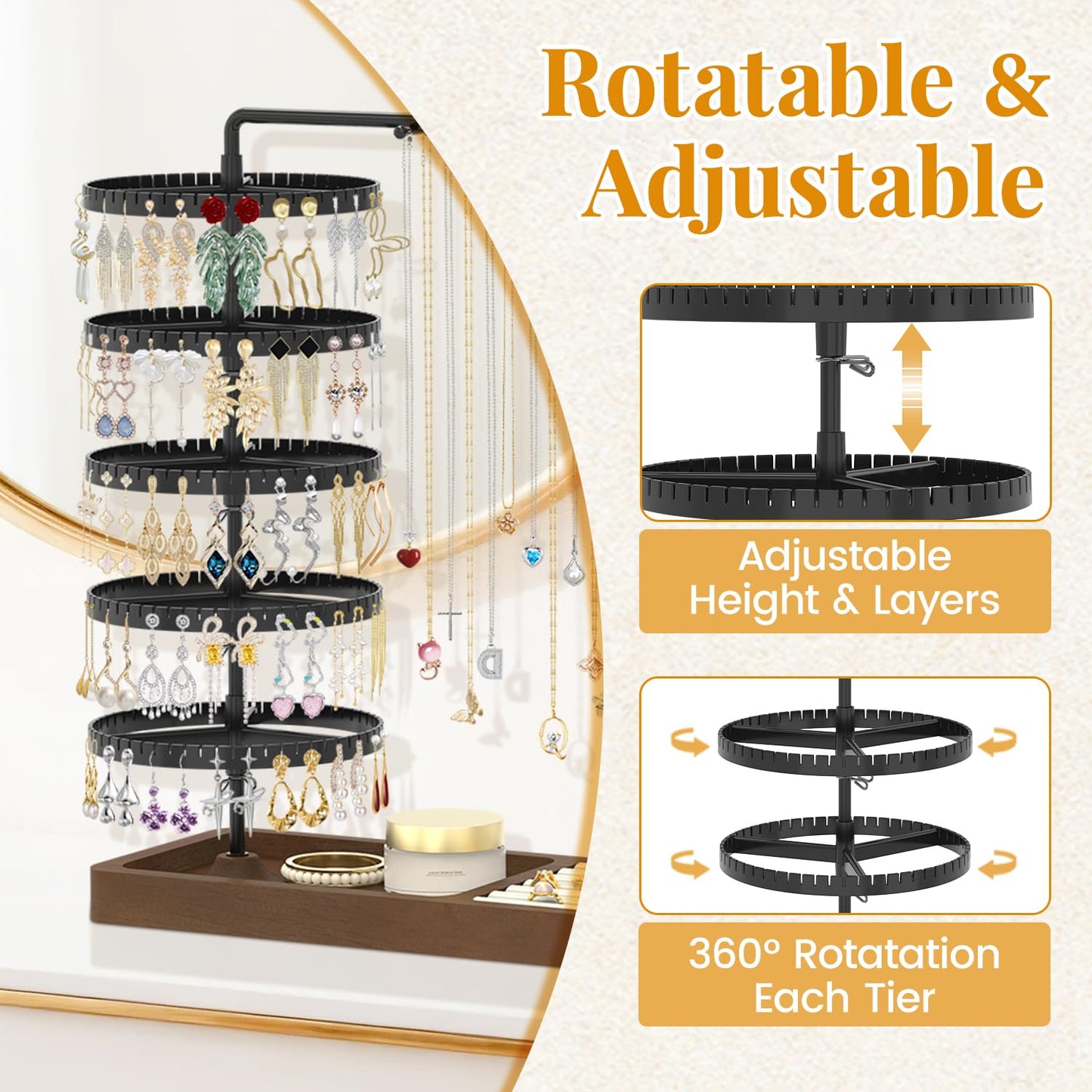 EsLuker.ly Earring Holder Organizer Necklace Display Stand, Jewelry Tree Rack Storage with Wooden Ring Tray for Women Vendors Selling, 5 Tier Plastic Rotating Earring Tower, Prevent Tangling and Mess