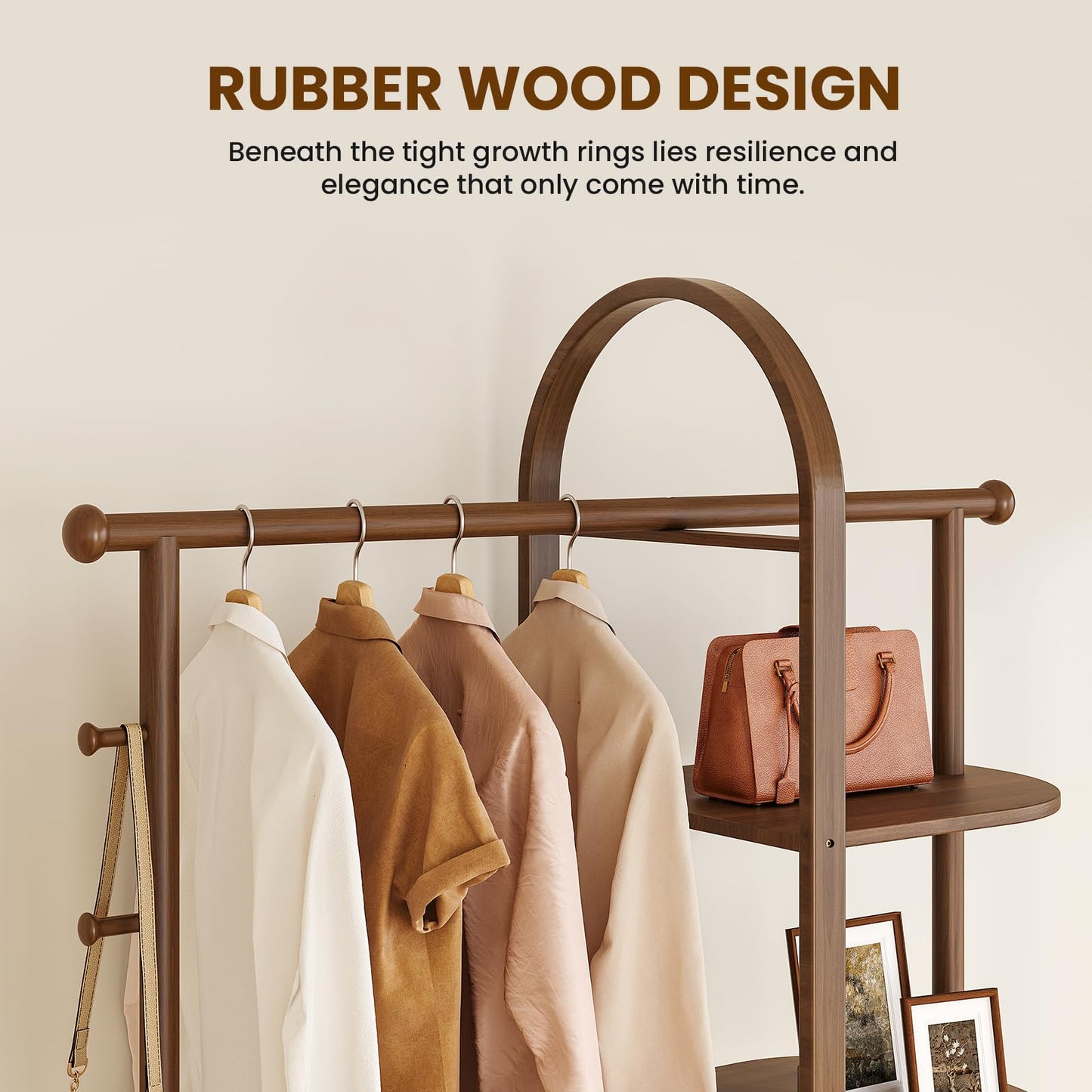 HOTAMO 41.3" Wide 3-in-1 Freestanding Clothing Rack, Wooden Coat Rack with 4 Shelves and 5 Hooks, Solid Rubber Wood Coat Rack with Shelves for Entryway, Bedroom, Living Room, Walnut