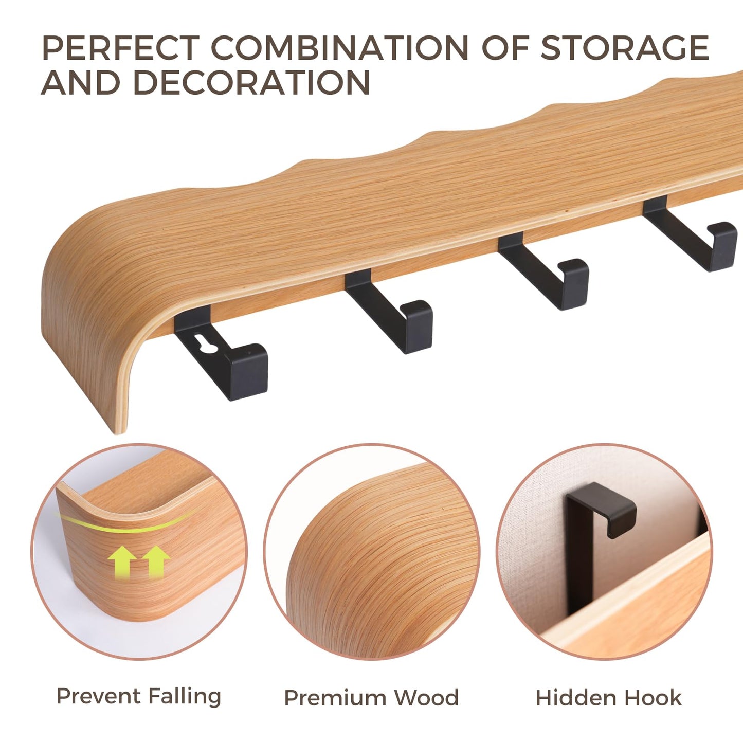 Coat Rack Wall Mount with Shelf Entryway Shelf Modern Key Holder Hanger Wall Shelves with Hidden Hooks for Hanging Towels Coats Hats Bags for Hallway Bathroom Bedroom(Wavy Oak, 5 Hooks)
