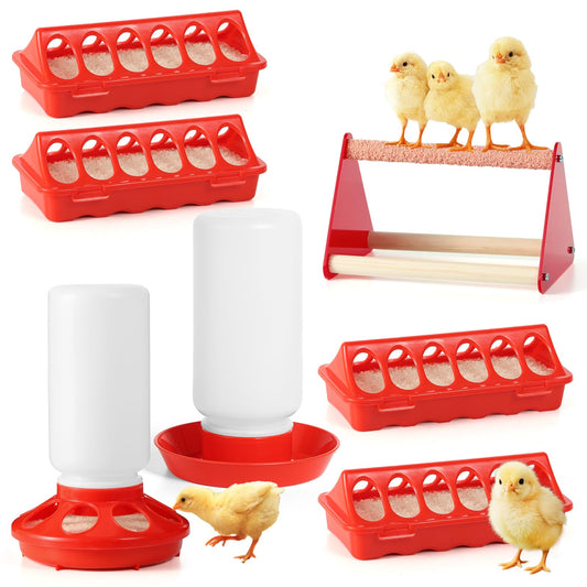 7PCS Chick Feeder and Waterer Kit with Wooden Perch,Baby Poultry Starter Set with Chick Perch for Small Poultry Chicks Ducks Quail Pigeons Birds(Red Chick Feeder Waterer Kit)