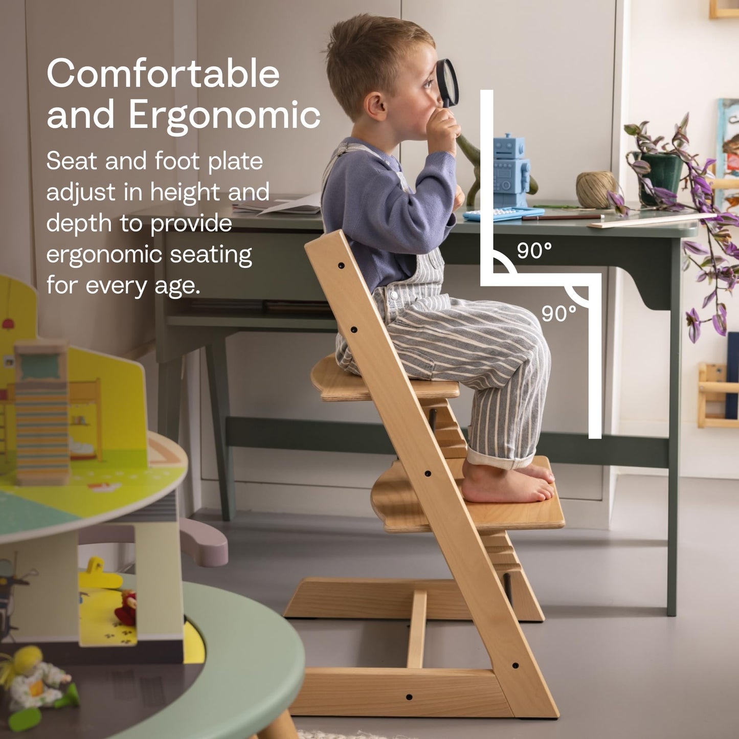Stokke Tripp Trapp High Chair 2 (Natural), Cushion 2 (Nordic Grey) + Stokke Tray (White) - Includes Chair + Baby Set with Removable Harness for Children 6-36 Months
