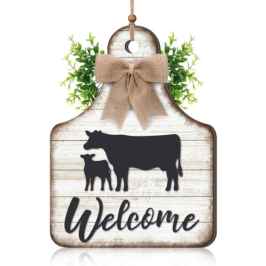 Lineshading Cow Welcome Door Sign Wooden Cow Tag Sign with Bow and Leaves Animal Head Welcome Hanging Hanger for Front Door Porch Farmhouse Home Decor, 16 x 11.8 Inch
