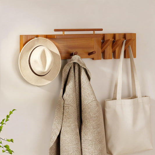 tonchean Wall Mounted Coat Rack, Piano Key Flip Style Walnut Wood Coat Hanger with 7 Hooks, Solid Wooden Hanging Rack for Home Entryway Bedroom Kitchen Living Room