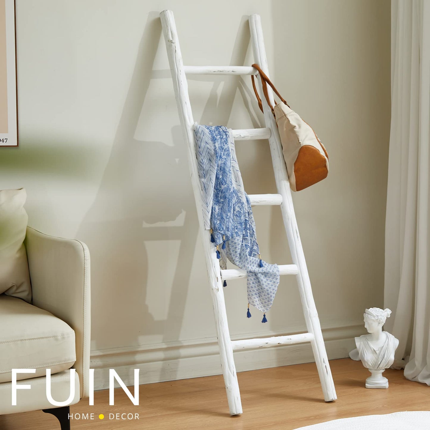 Rustic Farmhouse Blanket Ladder and Mini Countertop Towel Ladder Set, Fully Assembled Wood Decor for Home Storage and Display, White