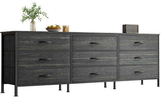 Huuger 63 Inch Dresser for Bedroom, Dresser for Closet with 9 Fabric Drawers, Large TV Stand for 55, 65, 70 Inch TV, Entertainment Center, Wide Long Chest of Drawers, Charcoal Black Wood Grain Print