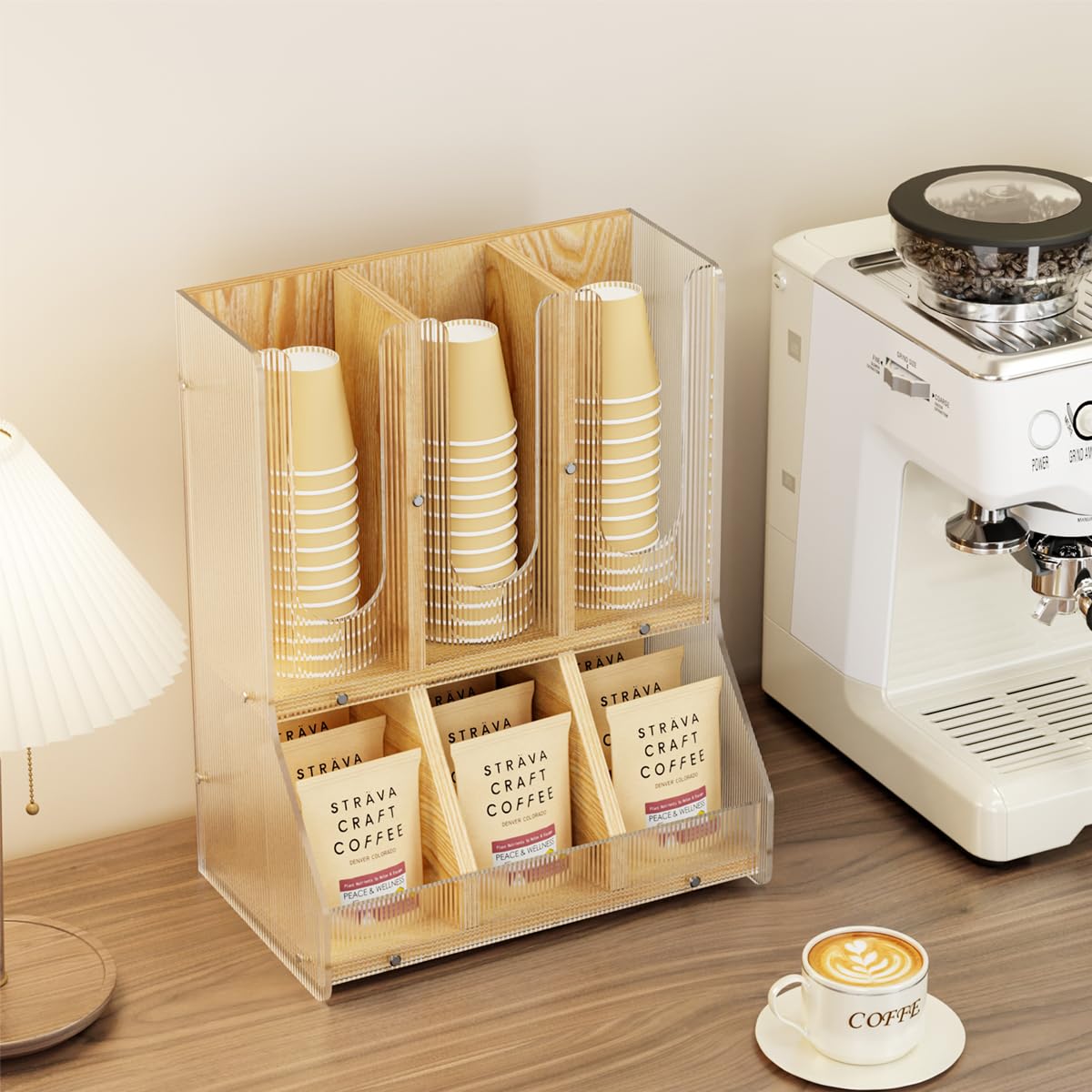 BYCY Coffee Bar Organizer for Countertop,Wooden Shelf for Tea Station with acrylic boards,Coffee Cup and Lid Organizer Coffee Pod Holder Accessories Storage for Office, Home
