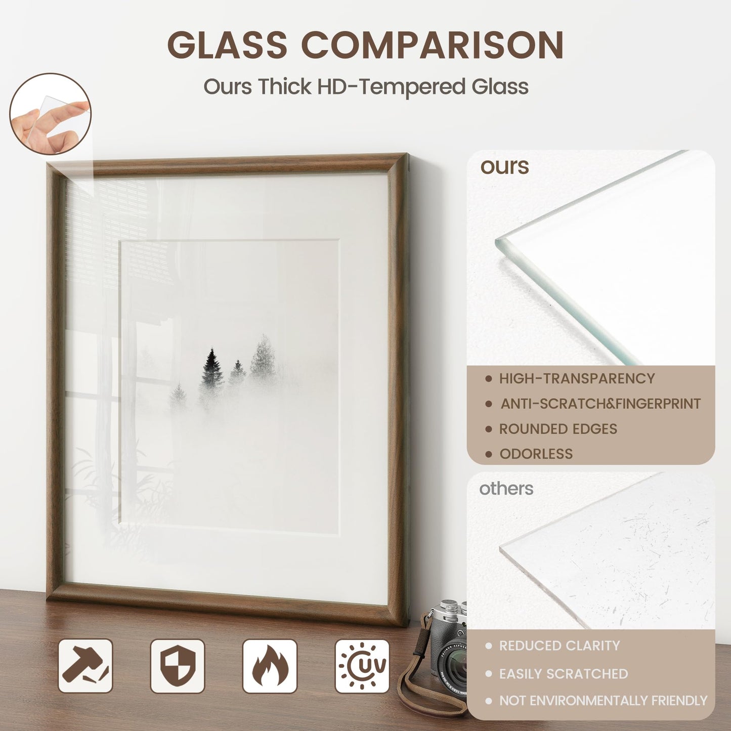 Venusmiles 11x14 Picture Frame, Natural Solid USA-Sourced Walnut Wood Photo Frames with HD Tempered Glass, Handcrafted Rounded Edge Wooden Frame Matted to 8x10, Gallery Wall Art Mount Display