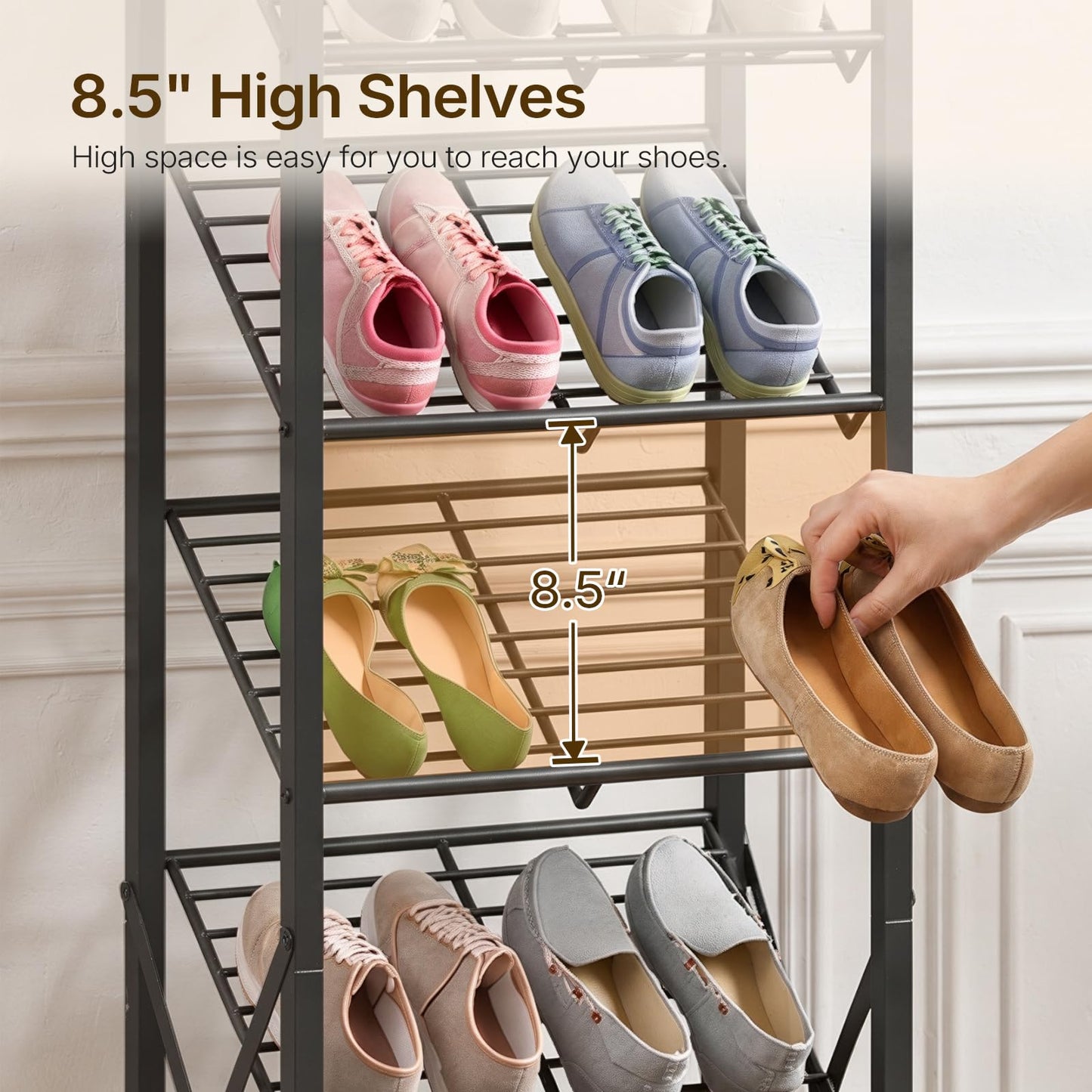 YATINEY 10-Tier Tall Shoe Rack and 8-Tier Tall Shoes Rack, Slim Shoe Organizer for Entryway, Thin Shoe Rack for Closet, Narrow Shoe Storage Shelf with Wooden Panel, Space Saving SS210BR-SS18BR