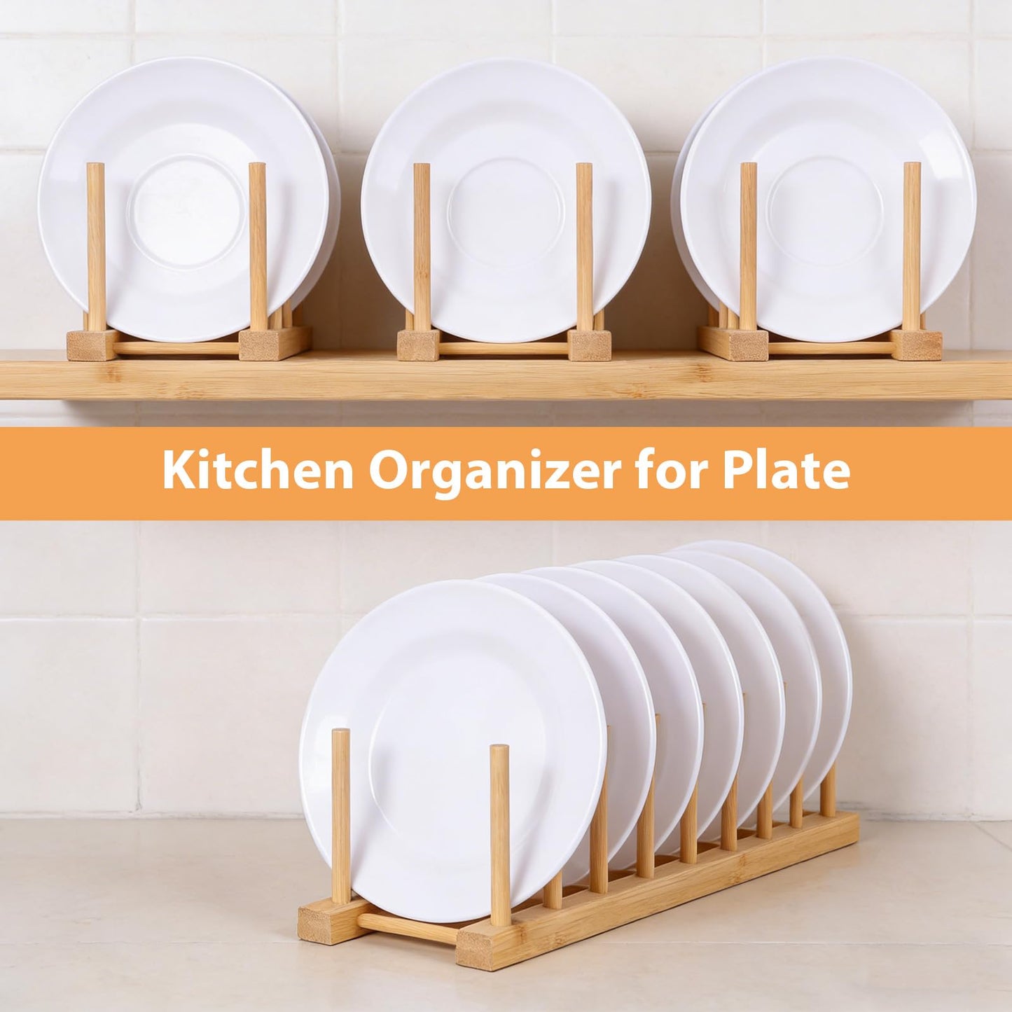 Leooomap 8-Slot Bamboo Wooden Plate Rack, Dish Drying Rack & Pot Lid Holder Stand, Kitchen Cabinet Organizer for Bowls, Cups, Cutting Boards
