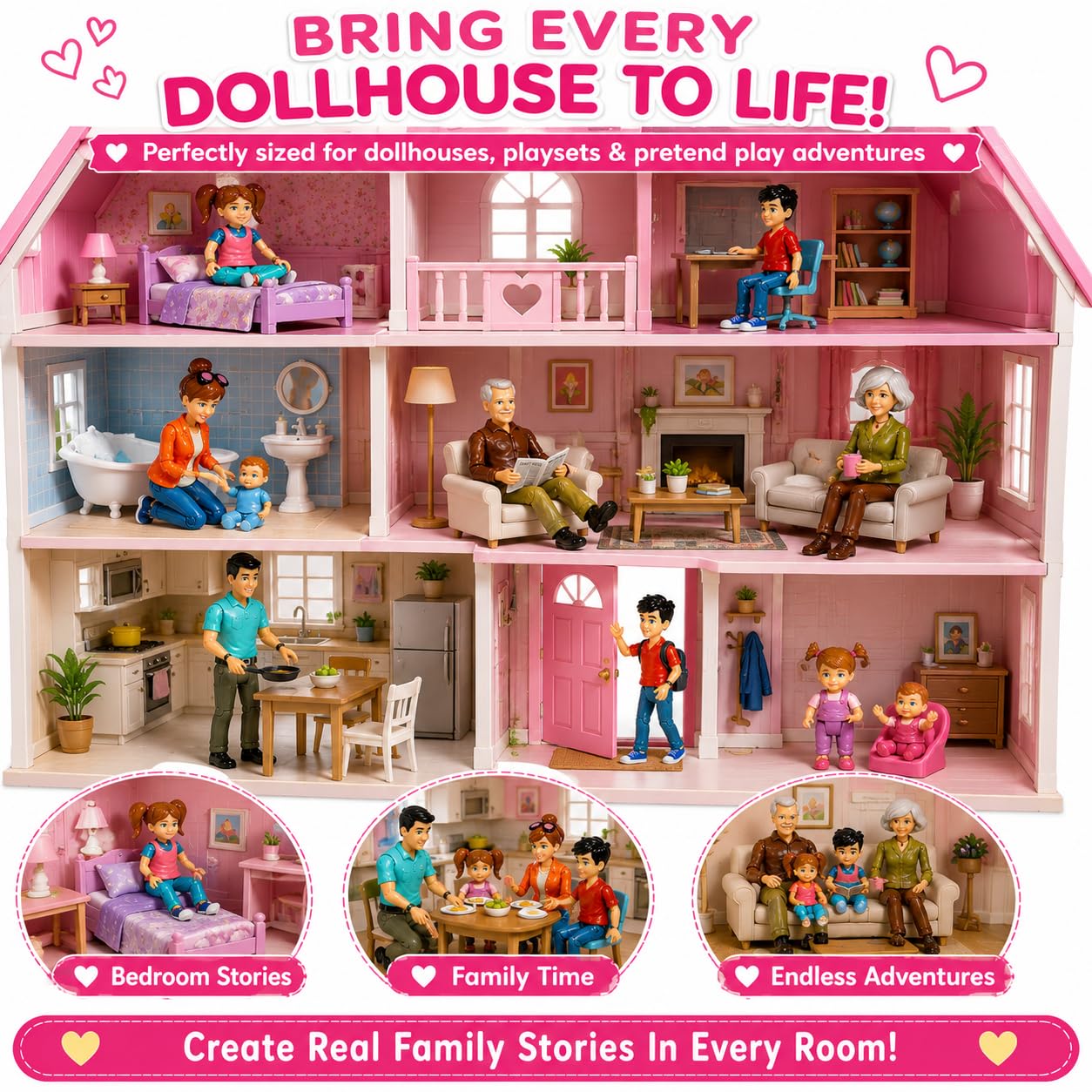 Beverly Hills Sweet Li’l Family Bendable Mini Dollhouse Figures | Set of 9 Grandpa, Grandma, Mom, Dad, Sister, Brother, Toddler, Twin Boy & Girl Pretend Play (1:12 Scale)