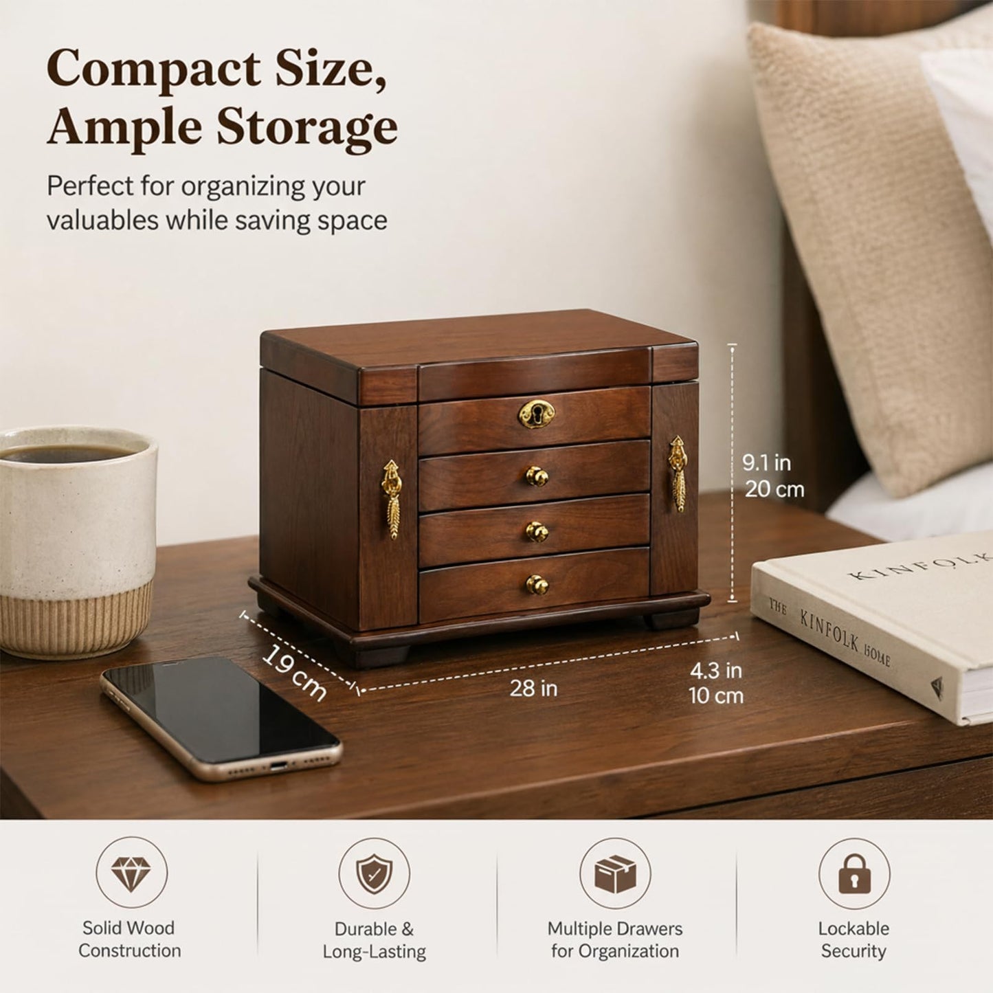 GuaziV Wooden Jewelry Box for Women – 4-Layer Jewelry Organizer with Mirror & Lock, Ring Holder, Necklace Hooks, Earring Board, Large Jewelry Storage Chest for Rings Earrings Necklaces Bracelets