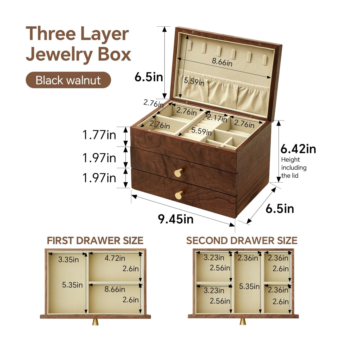 THFLSTR Jewelry Box Organizer for Women & Men, Black Walnut 3 Layer Wooden Jewelry Box with Velvet Lining, Earring & Ring Organizer, Large Capacity Drawer Design for Necklaces, Bracelets (3 layers)