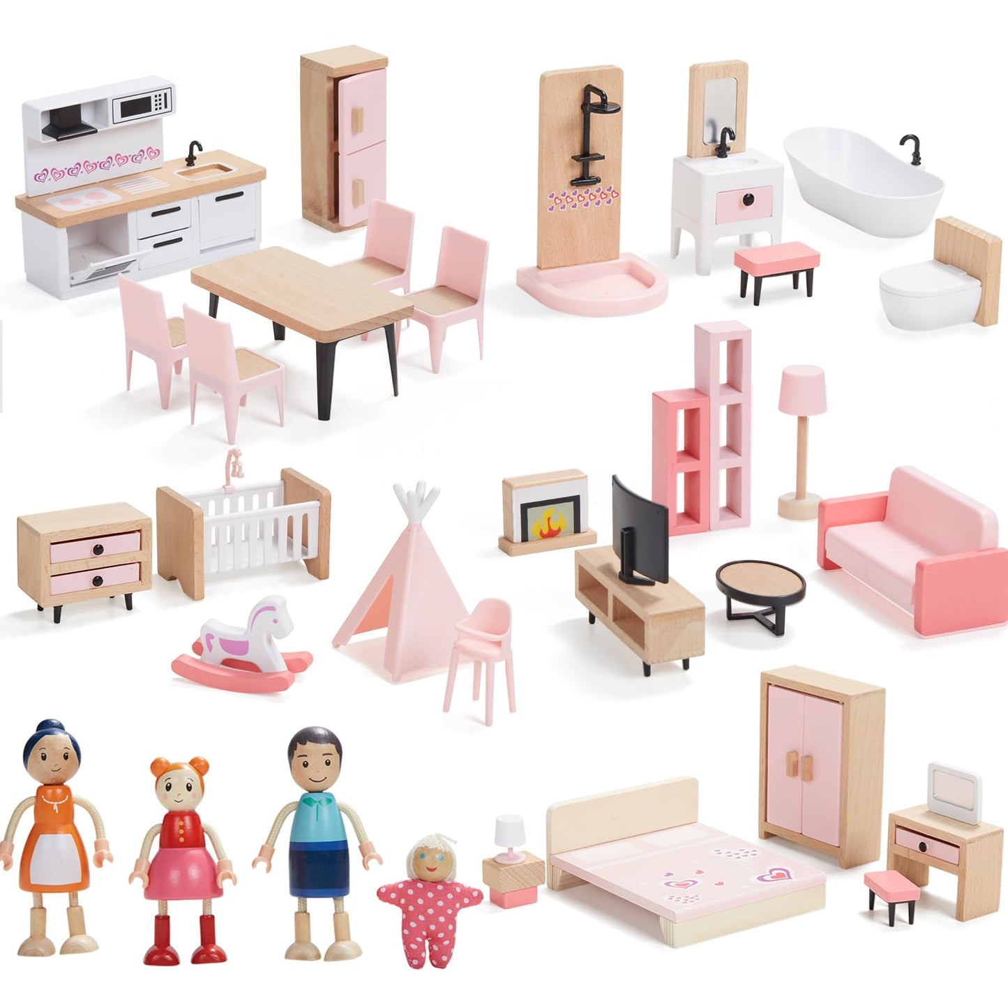Giant bean 4 PCS Hand Made Rabbit Family Dolls, Wooden Dollhouse Furniture Set for Boys Girls & Toddlers 3Y+