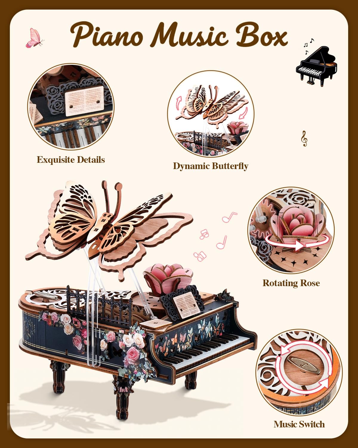 Rnfinewow 3D Puzzles for Adults, 3D Piano Puzzle Model Kit, Wooden Piano Puzzles for Adults Home Desk Decor DIY Crafts Wooden Music Box Puzzle Gifts for Men Women Hobbies for Holiday Birthday