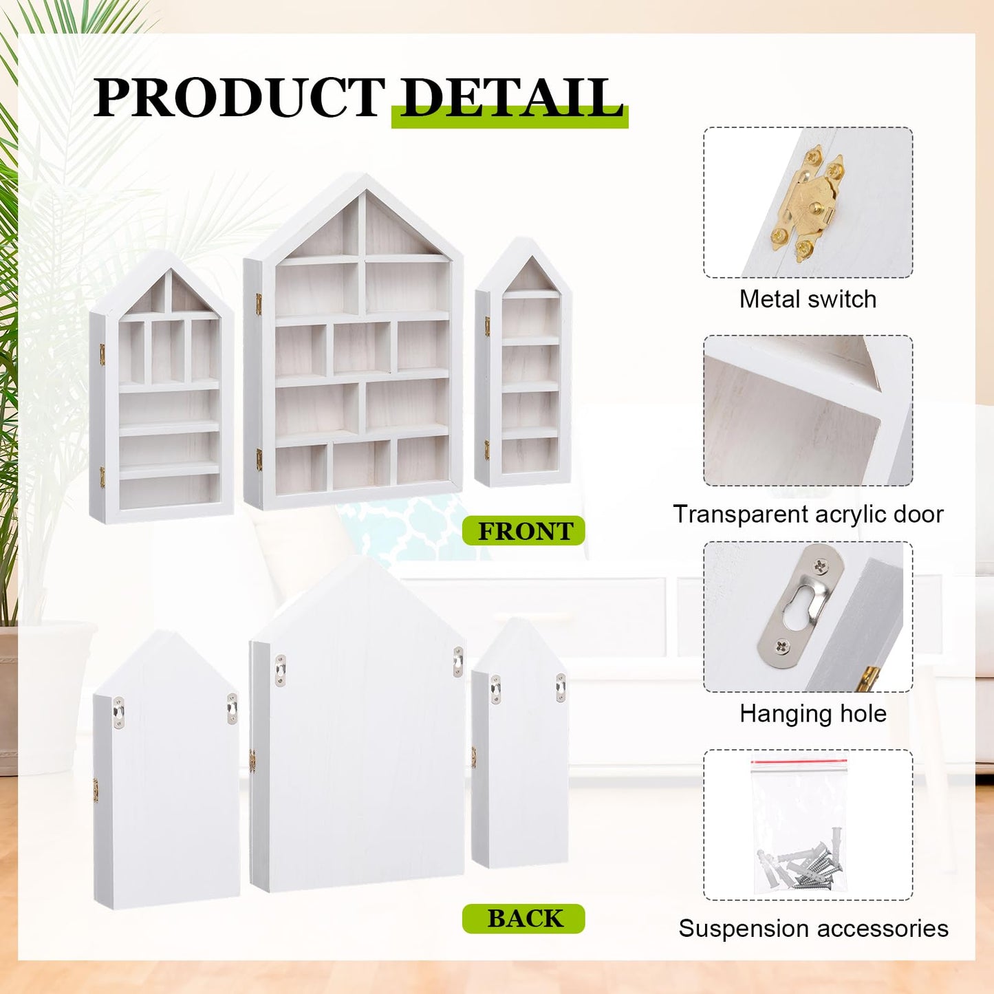 DoubleFill Set of 3 Wooden Shadow Box Frame with Shelves Large Trinket Shelf Display Cases Wall Mounted for Mini Figures Curio Cabinet Medals Wedding Bouquet Photos(White,House Shape)