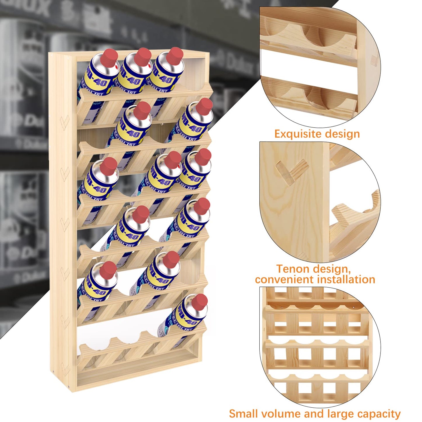 foriy 24 Can Spray Paint Holder – 6-Tier Wooden Aerosol Organizer Rack Wall Mounted Spray Can Organizer for Lubricant, Oil, Garage, Workshop, Craft Room, Space Saving Storage (14.2" L x 5" W x 30" H)